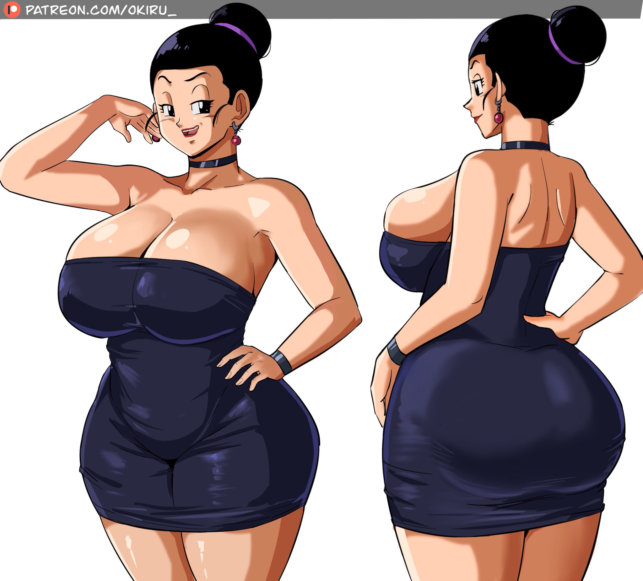 1girls, 2d, ass, back, back view, big ass, big breasts, black dress, black eyes, black hair, breasts, chichi, chichi (majin buu saga), cleavage, dragon ball, dress, ear piercing, earrings, female, female only, full color, fully clothed, hair, hair bun, half-closed eyes, hand on hip, hips, huge ass, huge breasts, large ass, large breasts, lips, lipstick, mature, mature female, milf, mother, neckwear, no penetration, panarandom, red lips, red lipstick, short dress, solo, solo female, thick thighs, thighs, tight dress, voluptuous, wide hips