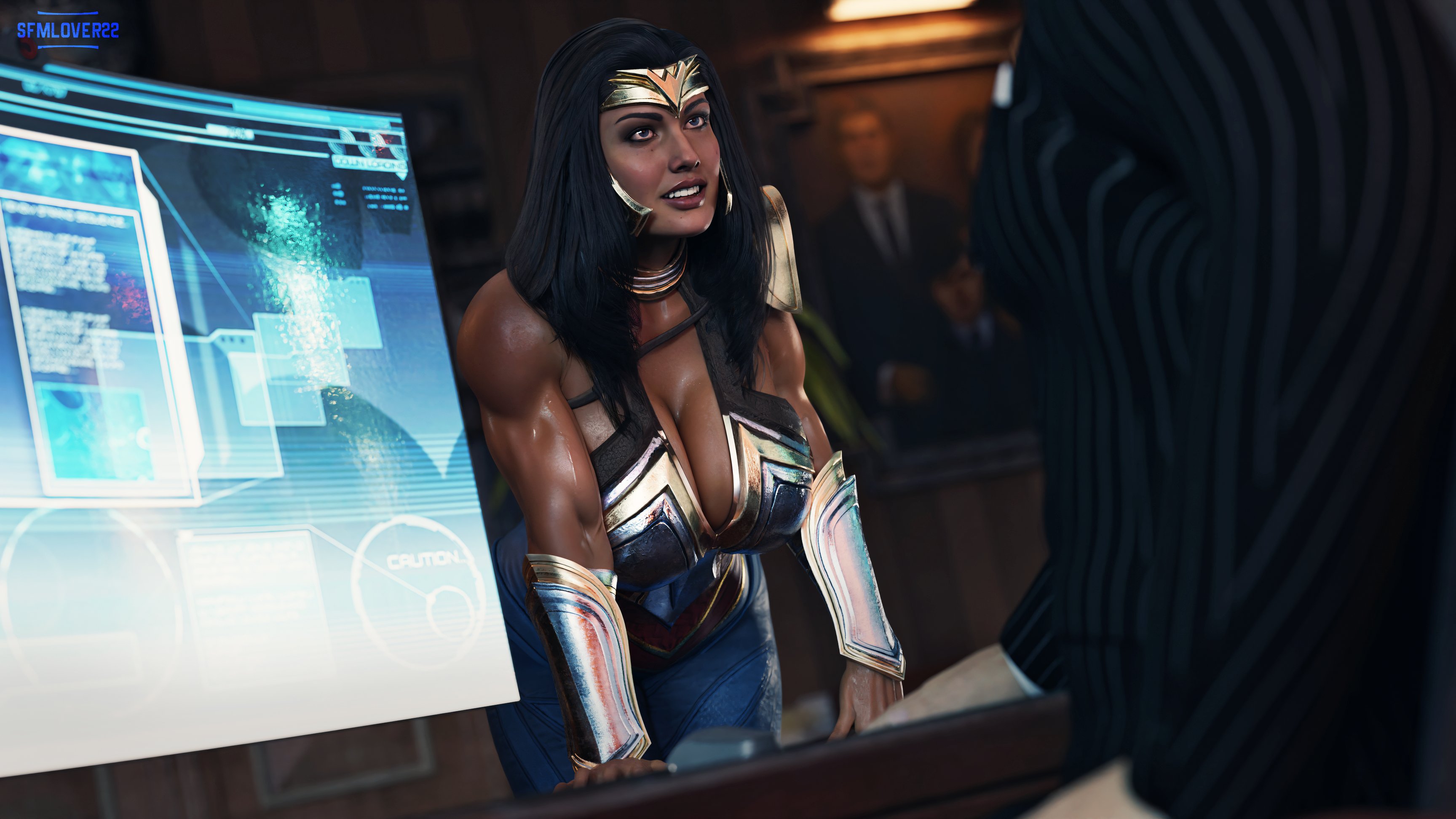 1boy, 1girls, 3d, batman, batman (bruce wayne), batman (series), biceps, big breasts, black hair, bracelet, breasts, bruce wayne, cleavage, collar, corset, dc, dc comics, female, female focus, large breasts, long hair, male, muscular, muscular female, pants, sfmlover22, solo focus, tagme, tan, tan body, tan skin, teasing, tiara, wayne tower, wonder woman, wonder woman (injustice), wonder woman (series)