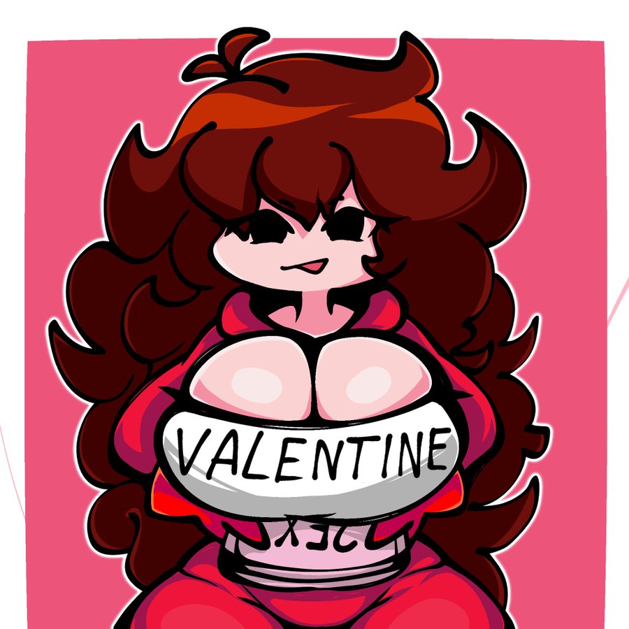 ahoge, barely contained, barely contained breasts, big breasts, breasts, brown hair, cleavage overflow, female, friday night funkin, girlfriend (friday night funkin), hoodie, light skin, long hair, marblemaple5, red clothing, thick thighs, wide hips