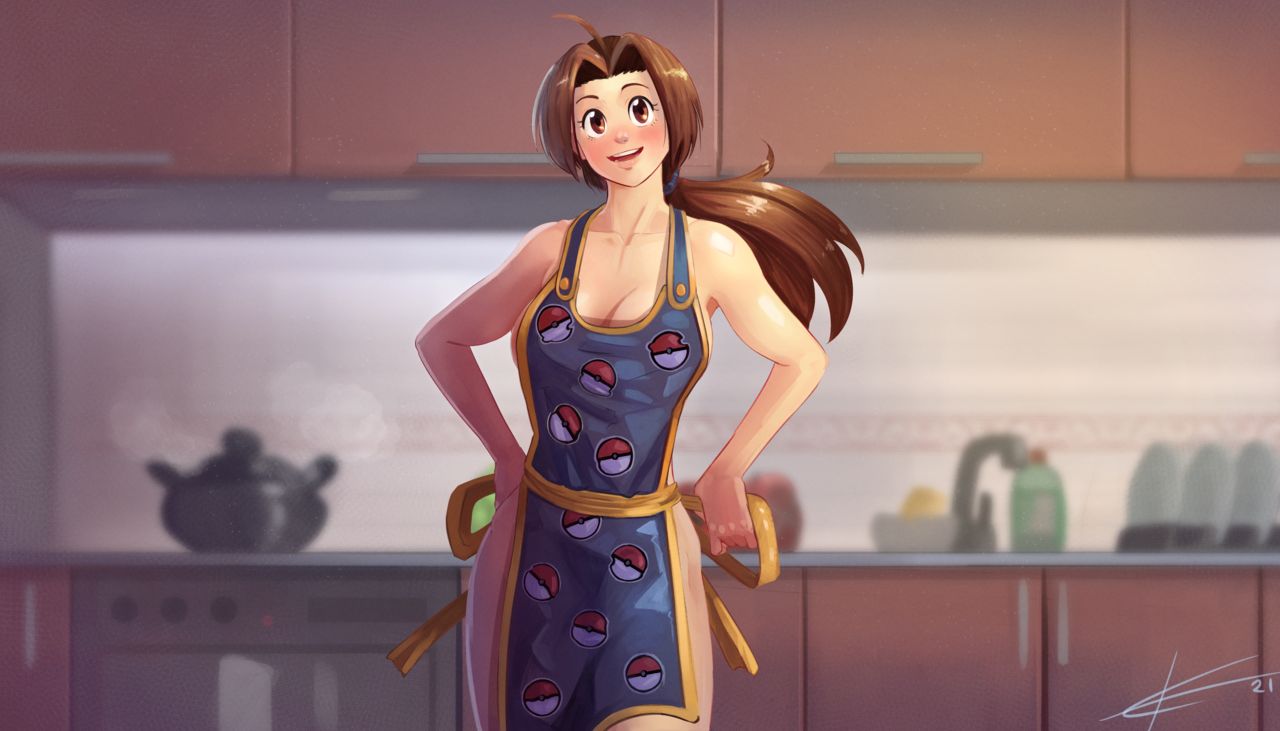 1girls, apron, brown hair, brown-haired female, casual, delia ketchum (pokemon), eltonel, female, human, mostly nude, nude, nudist, pokemon, pubic hair
