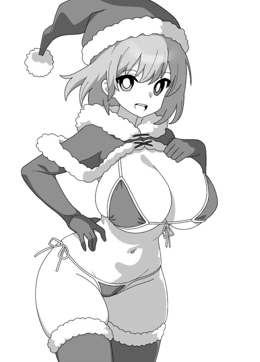 breasts capelet cleavage commentary_request cowboy_shot elbow_gloves female fur-trimmed_capelet fur-trimmed_thighhighs fur_trim gloves greyscale groin hat kogasa_tatara large_breasts looking_at_viewer monochrome navel onkn_sxkn open_mouth santa_hat short_hair simple_background smile solo tatara_kogasa thighhighs touhou white_background