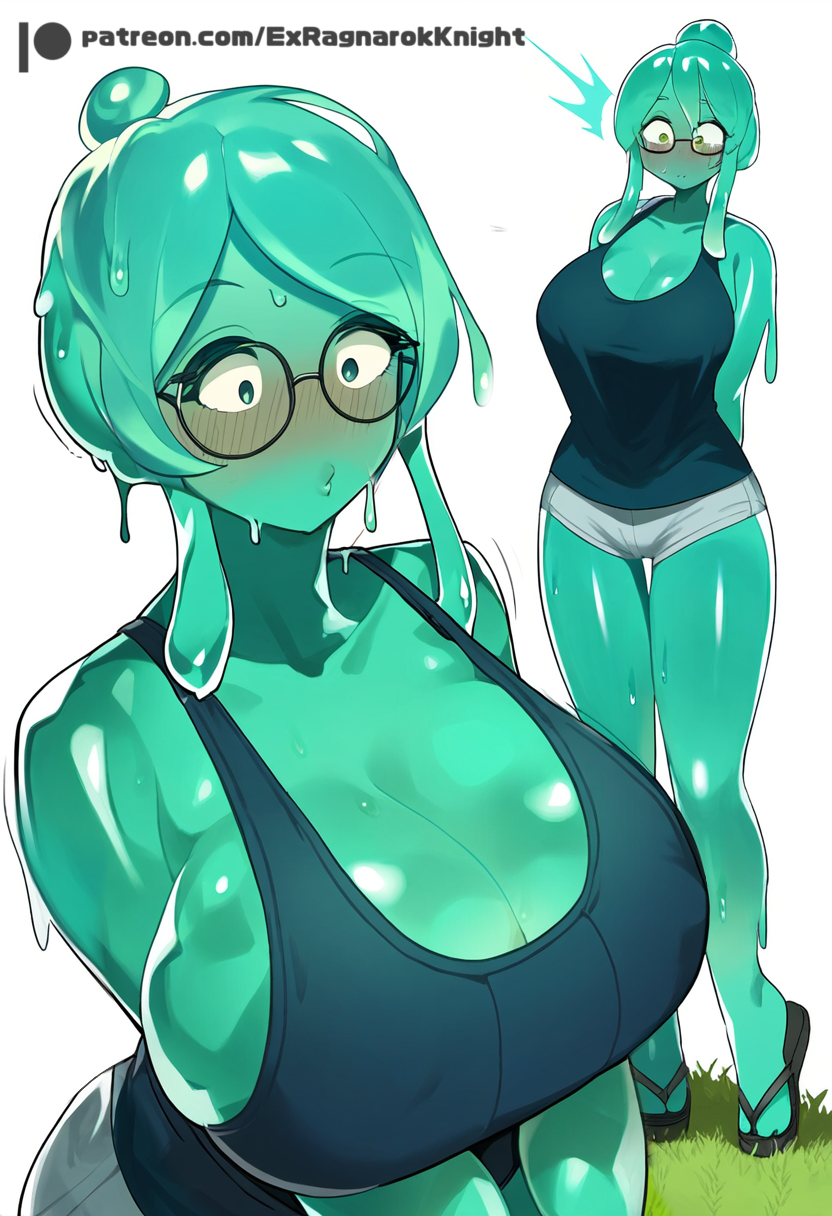 ai_generated blue_skin breasts cleavage cute ex-ragnarokknight female glasses green_skin large_breasts monster_girl shorts slime_girl wide_eyed