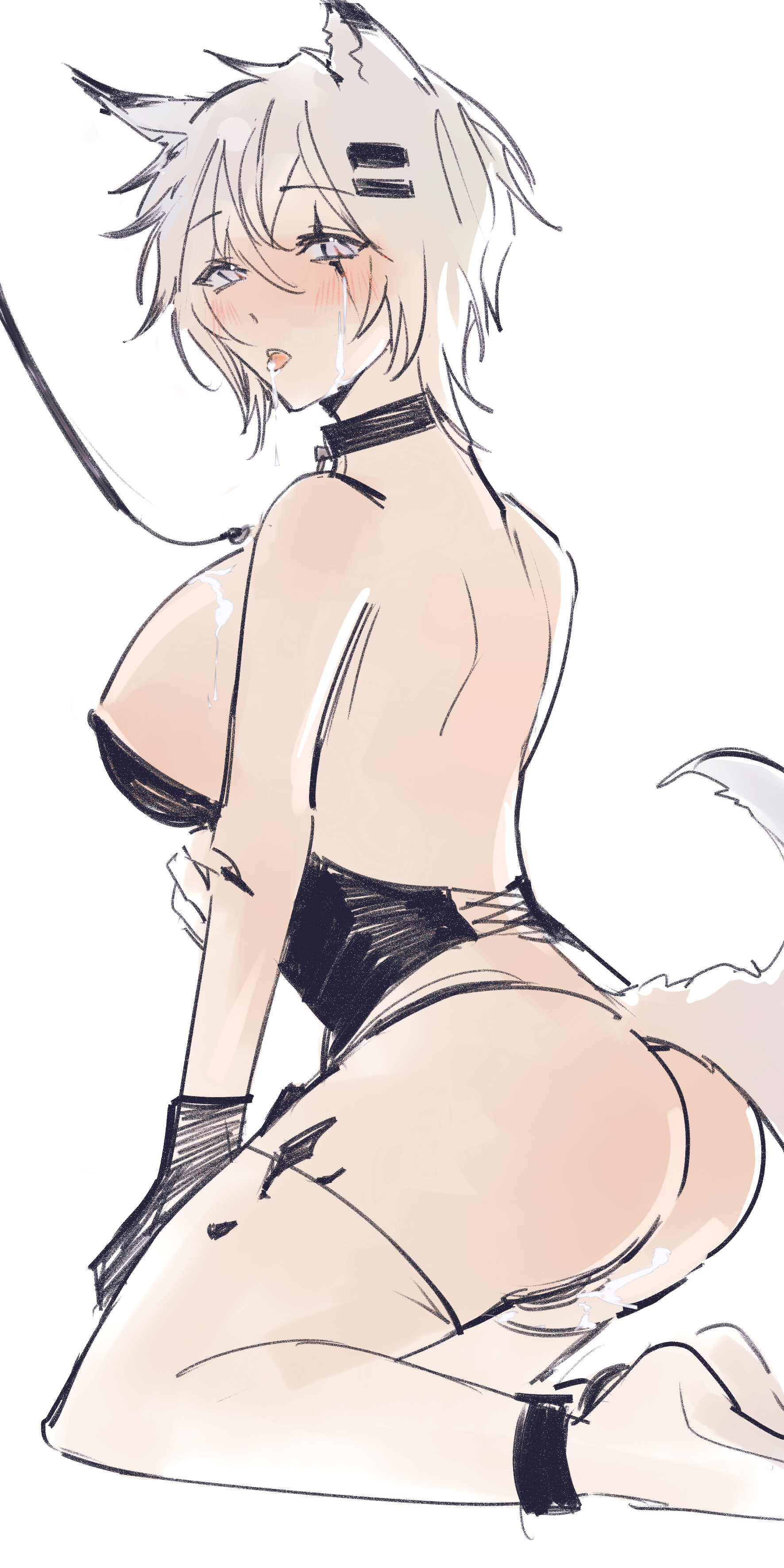 1girls, alternate version at source, arknights, ass, backless leotard, blush, collar, female, grey hair, hair ornament, lappland (arknights), leash, leotard, scar across eye, short hair, solo, tagme, wolf ears, wolf girl, wolf tail