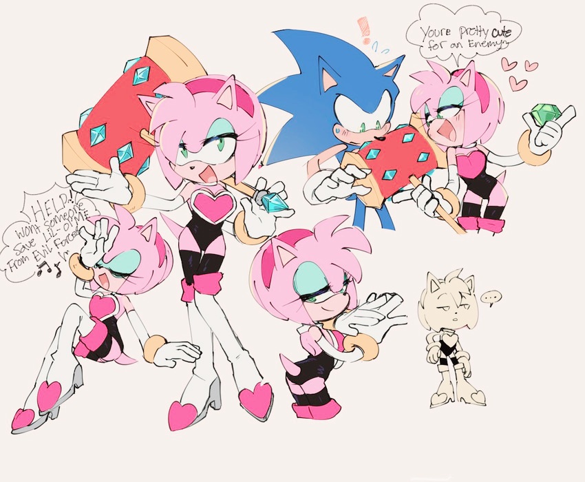 amy_rose amy_the_bat clothing eyeshadow floating_heart furry gloves hammer headband heels leggings leotard rouge_the_bat_(cosplay) smug_face sonic_(series) tail thigh_boots thigh_gap