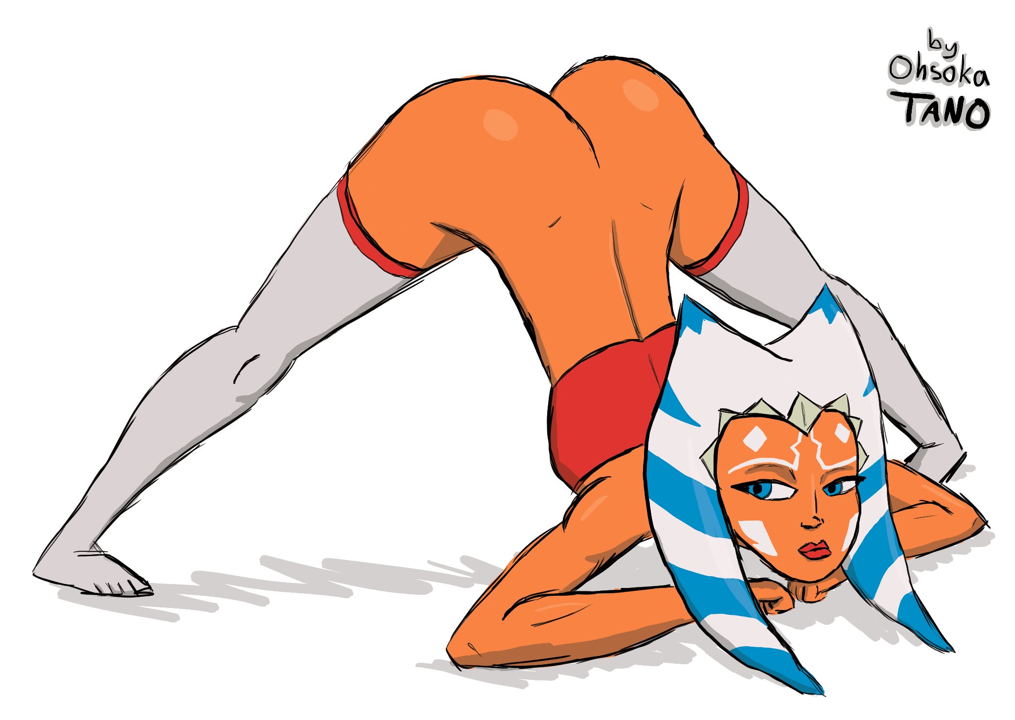 1girls, ahsoka tano, ass, ass up, athletic, athletic female, blue eyes, bubble ass, bubble butt, clone wars, female, female only, flexible, hourglass figure, jack-o pose, jackochallenge, ohsokatano, plain background, pose, posing, sketch, solo, star wars, text, the clone wars: season one, white background, wide hips