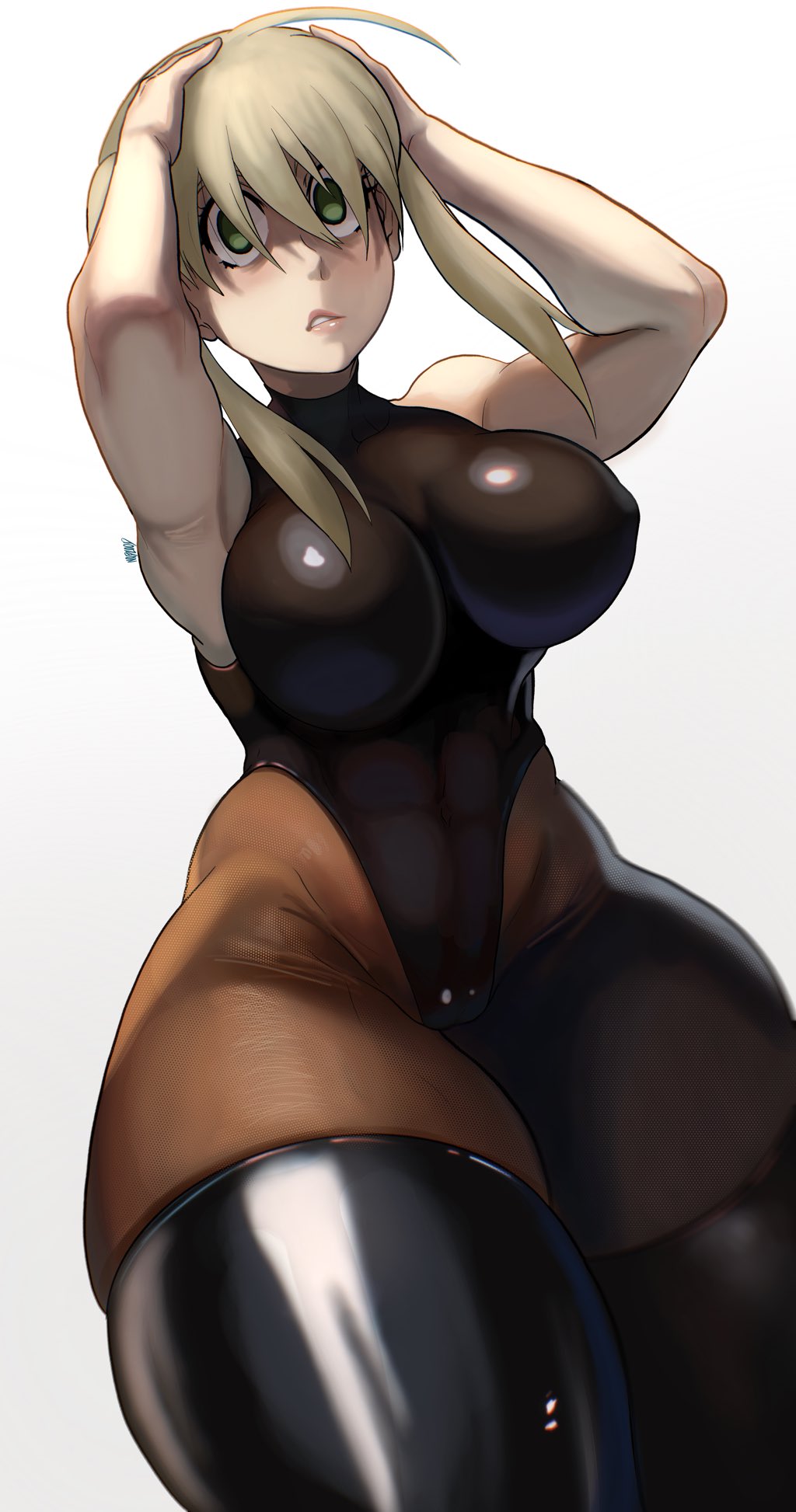 abs, armpits, ass, black legwear, blonde hair, cameltoe, crazy eyes, female, female only, green eyes, hands on head, huge ass, leather, leather boots, leotard, light skin, light-skinned female, looking at viewer, maka albarn, noblood, pussy, simple background, solo, solo focus, soul eater, thick thighs, thighhighs, thunder thighs, toned, toned female, twintails, voluptuous, wide hips