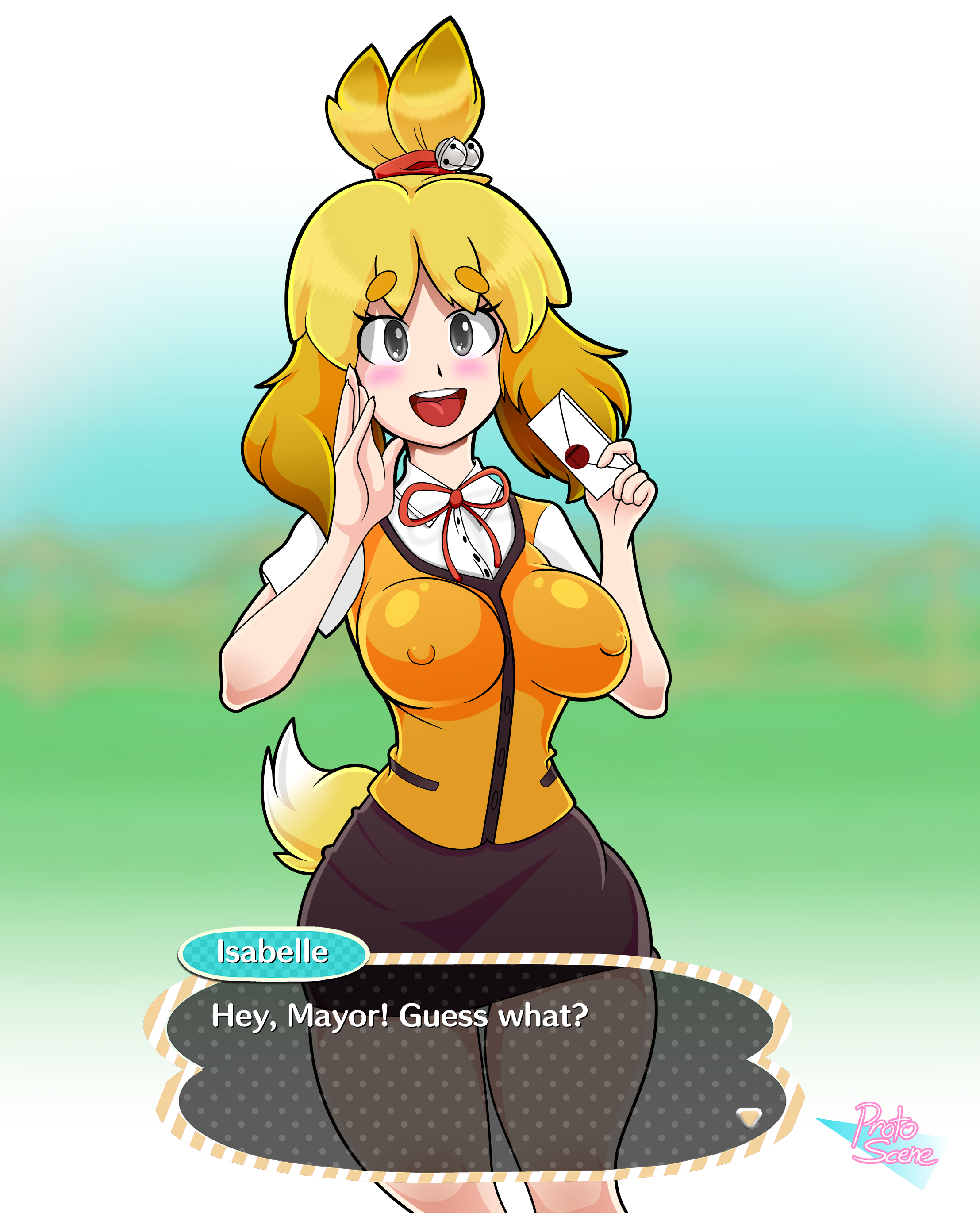 1girls, 2d, animal crossing, animal ears, anthro, bells, big breasts, boobs, breasts, brown skirt, button shirt, cardigan, dog ears, dog tail, eyes, female, female focus, female only, grey eyes, hair, hair ornament, hair tie, hairband, happy, high ponytail, human, human only, humanized, isabelle (animal crossing), large breasts, light skin, light-skinned female, medium hair, nintendo, nipple bulge, nipples, nipples visible through clothing, no bra, office lady, pencil skirt, personification, ponytail, protoscene, red ribbon, ribbon, shirt, skirt, smile, solo, solo female, solo focus, white shirt, yellow cardigan