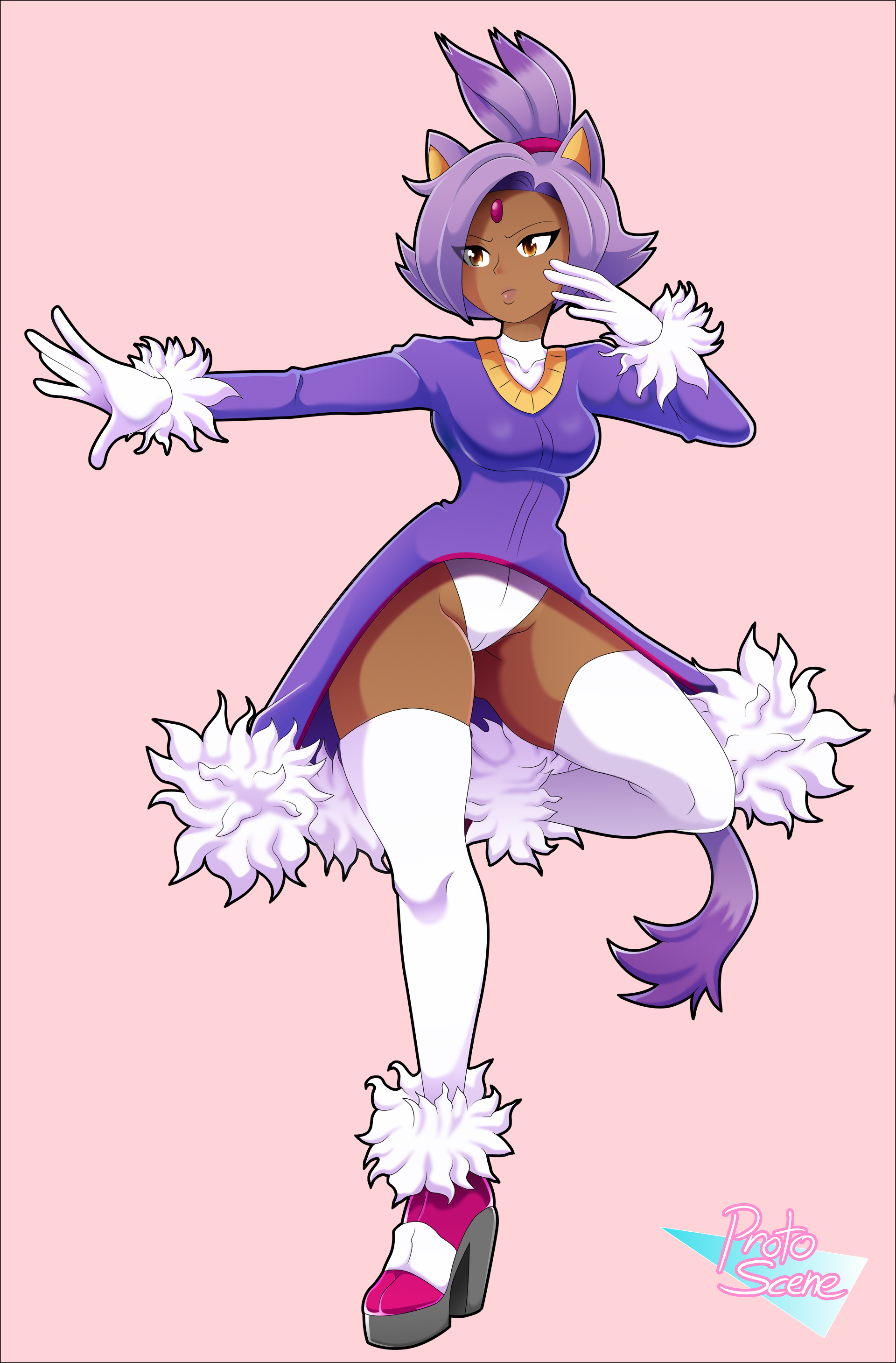 1girls, adapted costume, animal ears, artist name, artist signature, ass, big ass, blaze the cat, boobs, breasts, bubble ass, bubble butt, cat ears, cat girl, cat tail, catgirl, coattails, dark skin, dark-skinned female, eyes, female, female focus, female only, fully clothed, hair ornament, hair tie, hairband, heels, high heels, high ponytail, human, human only, humanized, leotard, medium breasts, personification, pink background, ponytail, protoscene, purple hair, serious, shoes, short hair, simple background, solo, solo focus, sonic (series), sonic the hedgehog (series), thighhighs, white leotard, white stockings, yellow eyes