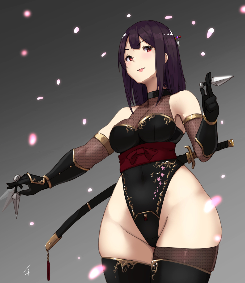 1girls, bare hips, breasts, character request, female, female only, gloves, groin, hayabusa, highleg leotard, katana, kunai, kunoichi, leotard, lipstick, medium breasts, narrow shoulders, pear shaped, purple hair, red eyes, revealing clothes, sleeveless, solo, thick thighs, thighhighs, wide hips