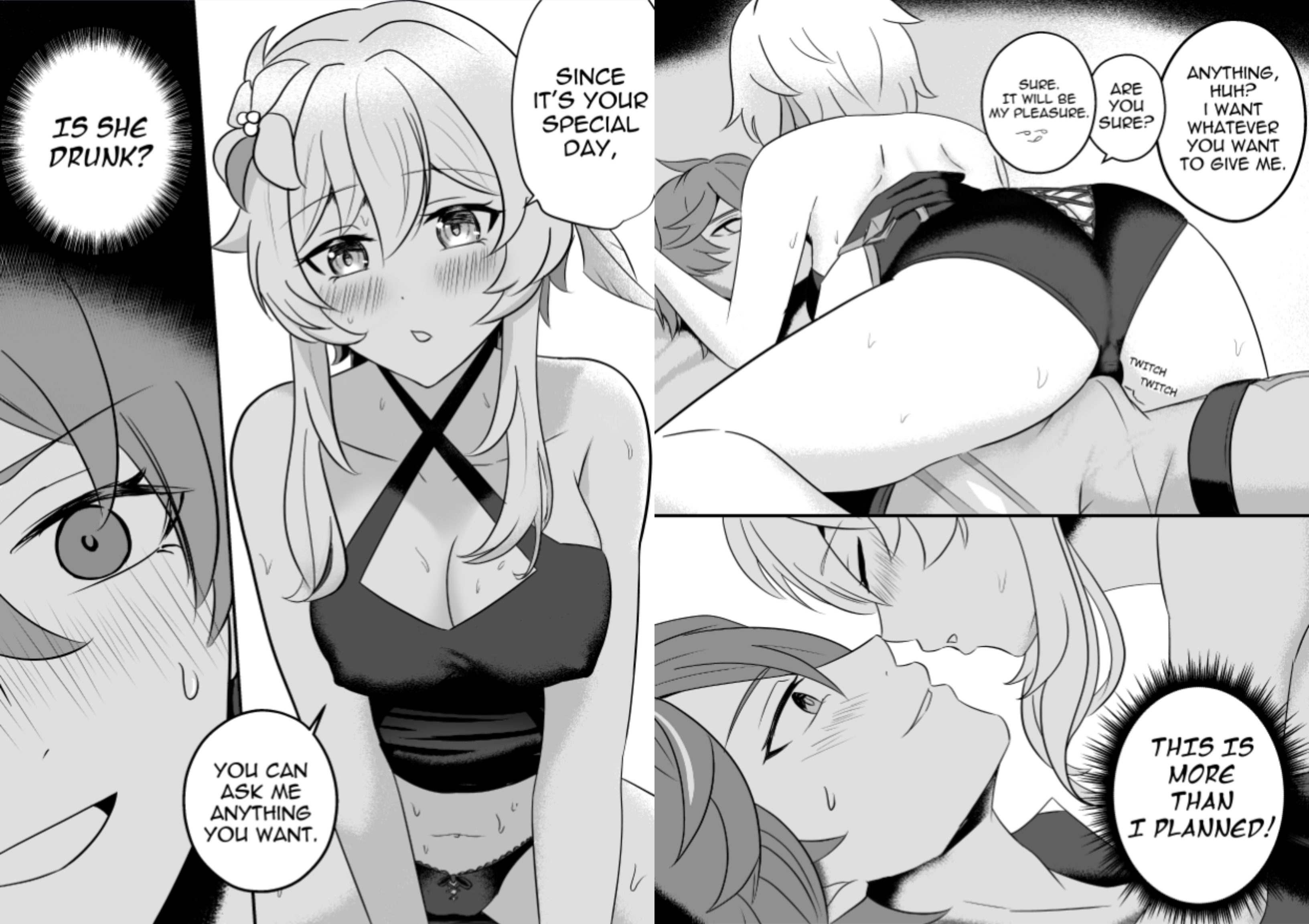 1boy, 1girls, ass, blush, childe (genshin impact), cleavage, comic, cowgirl position, drunk, english text, erection, erection under clothes, female, genshin impact, greyscale, imminent kiss, imminent sex, lumine (genshin impact), lying, male, on back, panties, smile, speech bubble, straight, tartaglia (genshin impact), tartaruby, underwear
