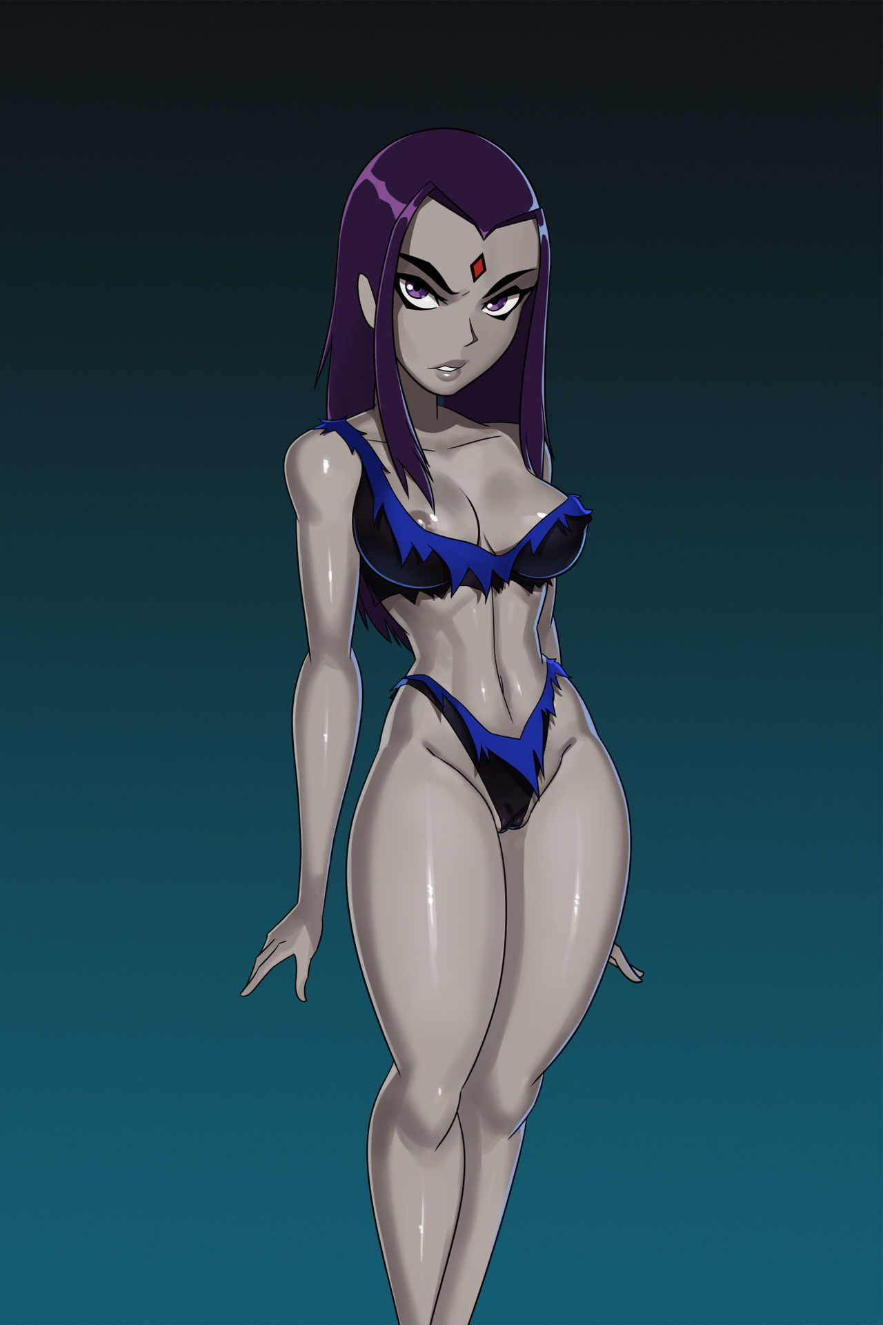 angry, ass, big ass, breasts, cleavage, dc, dc comics, female, forehead jewel, goth, leotard, long hair, medium breasts, purple hair, pussy, rachel roth, raven (dc), ripped clothing, shaved pussy, smooth skin, standing, tagme, teen titans, teenage female, teenager, thick thighs, toned, toned female