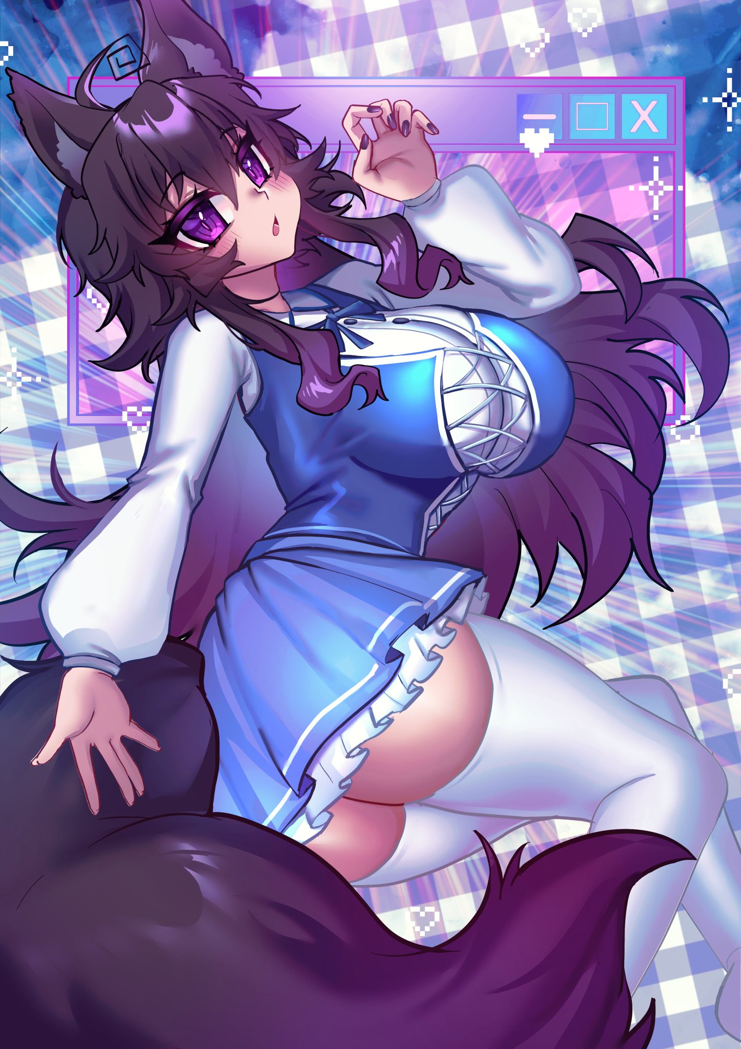 big breasts, breasts, cosplay, crawling dreams, curvy, dark hair, dress, female, higher resolution available, huge breasts, indie virtual youtuber, light skin, light-skinned female, long hair, looking at viewer, looking back, lumi (merryweather), nyarla (crawling dreams), osiimi, pale skin, pale-skinned female, purple eyes, thick thighs, thighhighs, virtual youtuber, wolf ears, wolf tail