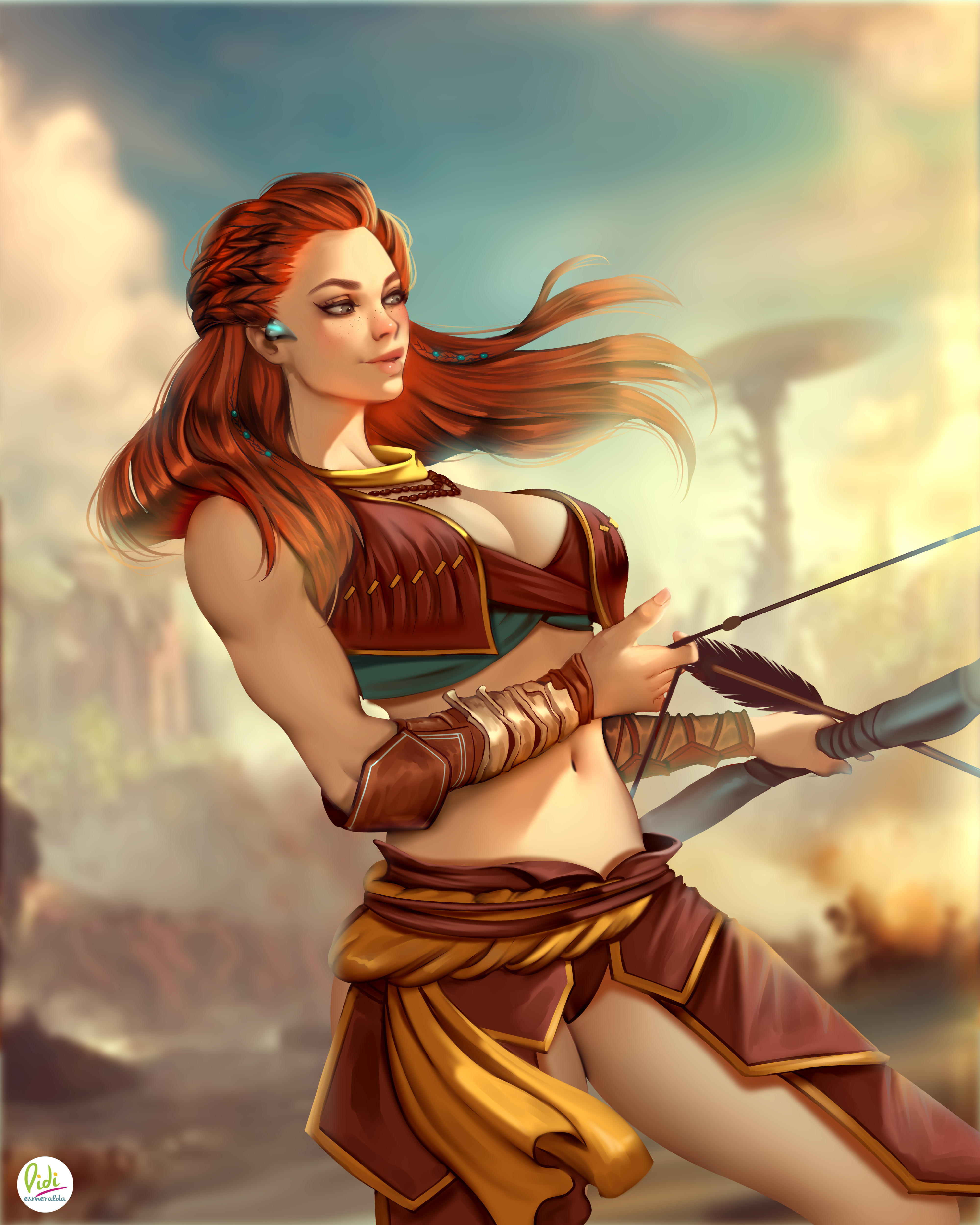1girls, absurd res, aloy, alternate version available, auburn hair, bare midriff, bow (weapon), bow and arrow, braided hair, breasts, cleavage, clothing, didi esmeralda, female, female focus, female only, fully clothed, holding weapon, horizon zero dawn, medium breasts, muscular, muscular female, panties, red hair, solo, solo female, standing, thighs