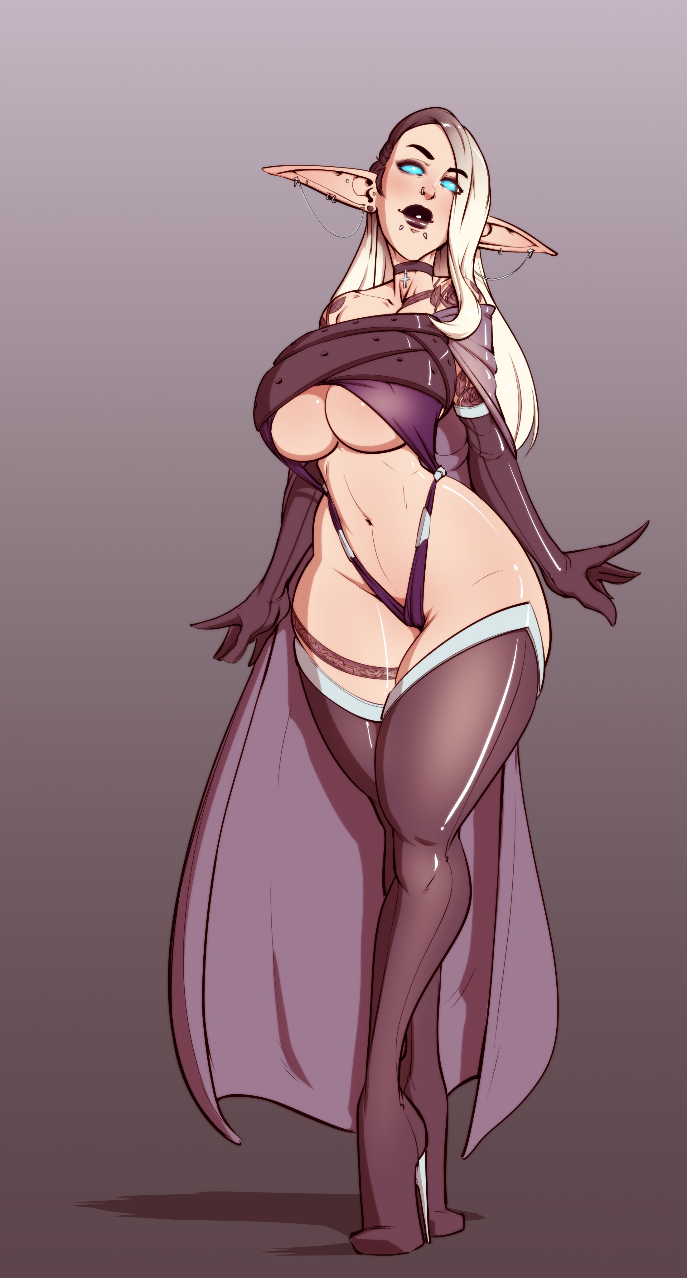 1girls, breasts, bursting breasts, cleavage, elbow gloves, elf, female, female only, huge breasts, panties, solo, svenners, thick thighs, thighhighs, underboob, wide hips