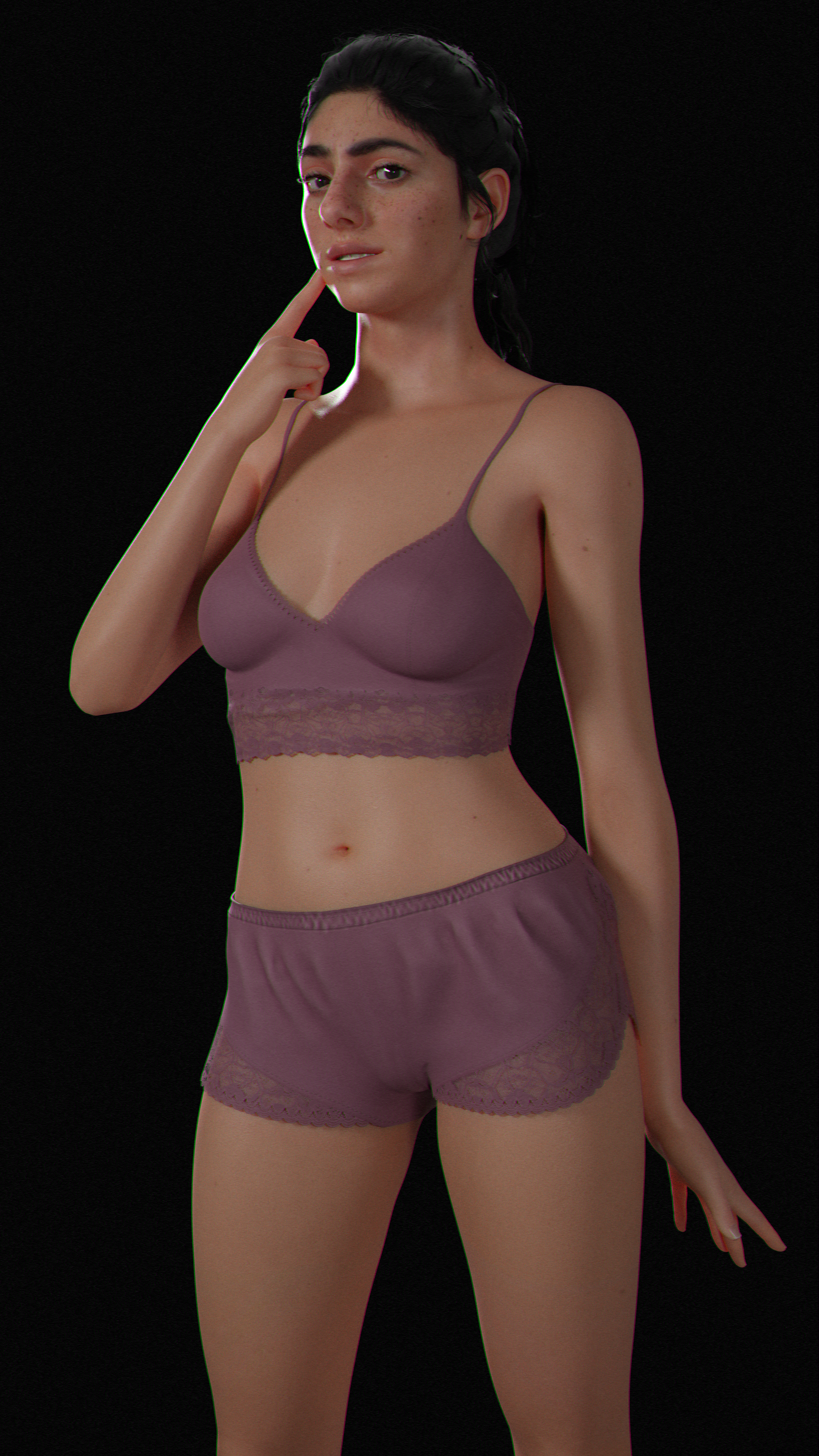 1girls, 3d, 3d (artwork), belly, belly button, black hair, dina (the last of us), female, female focus, female only, finger to mouth, freckles, lingerie, long hair, looking at viewer, naughty dog, odd 3d, pose, posing, shorts, solo, sony corporation, sony interactive entertainment, the last of us, the last of us 2, tied hair, underwear