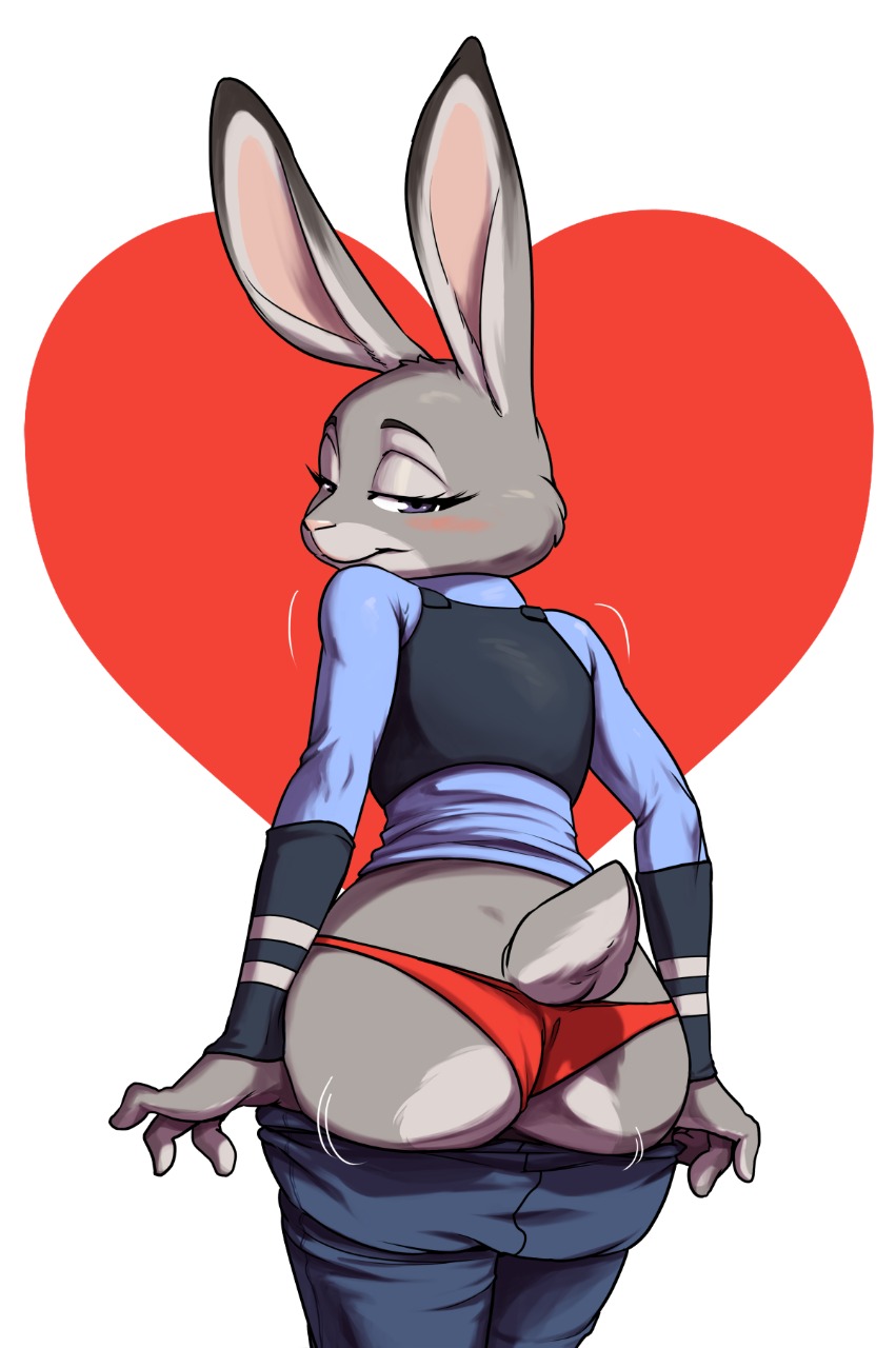 2021 8doubleu aitchdouble anthro ass blush clothed clothing disney eyelashes female female_only fur grey_body grey_fur half-closed_eyes heart hi_res judy_hopps lagomorph leporid looking_at_viewer looking_back mammal mooning narrowed_eyes panties pants_down partially_clothed police police_uniform presenting presenting_hindquarters rabbit rabbit_ears rabbit_tail red_clothing red_panties red_underwear simple_background smile solo underwear undressing uniform zootopia