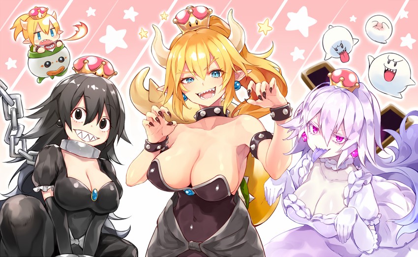 3girls 4girls :d armpit_crease armpits bangs bare_shoulders black_collar black_dress black_eyes black_gloves black_hair black_nails blonde_hair blue_eyes boo_(mario) boosette bowser_jr. bowsette bowsette_jr. bracelet breasts chain chain_chomp chibi chompette claw_pose cleavage collar colored_eyelashes colored_tongue crown dress earrings elbow_gloves eyebrows_visible_through_hair fingernails fire forked_eyebrows frilled_dress frilled_gloves frills ghost ghost_pose gloves glowing glowing_eyes grin hair_between_eyes hands_up horns jewelry koopa_clown_car large_breasts long_hair looking_at_viewer mario_(series) metal_collar mini_crown multiple_girls nail_polish new_super_mario_bros._u_deluxe open_mouth pointy_ears puffy_short_sleeves puffy_sleeves purple_eyes purple_tongue sharp_teeth short_sleeves silver_hair slit_pupils smile spiked_armlet spiked_bracelet spiked_collar spiked_shell spiked_tail spikes star_(symbol) strapless strapless_dress sukemyon super_crown super_mario_bros. tail tail_raised teeth tongue tongue_out turtle_shell very_long_hair white_dress white_gloves