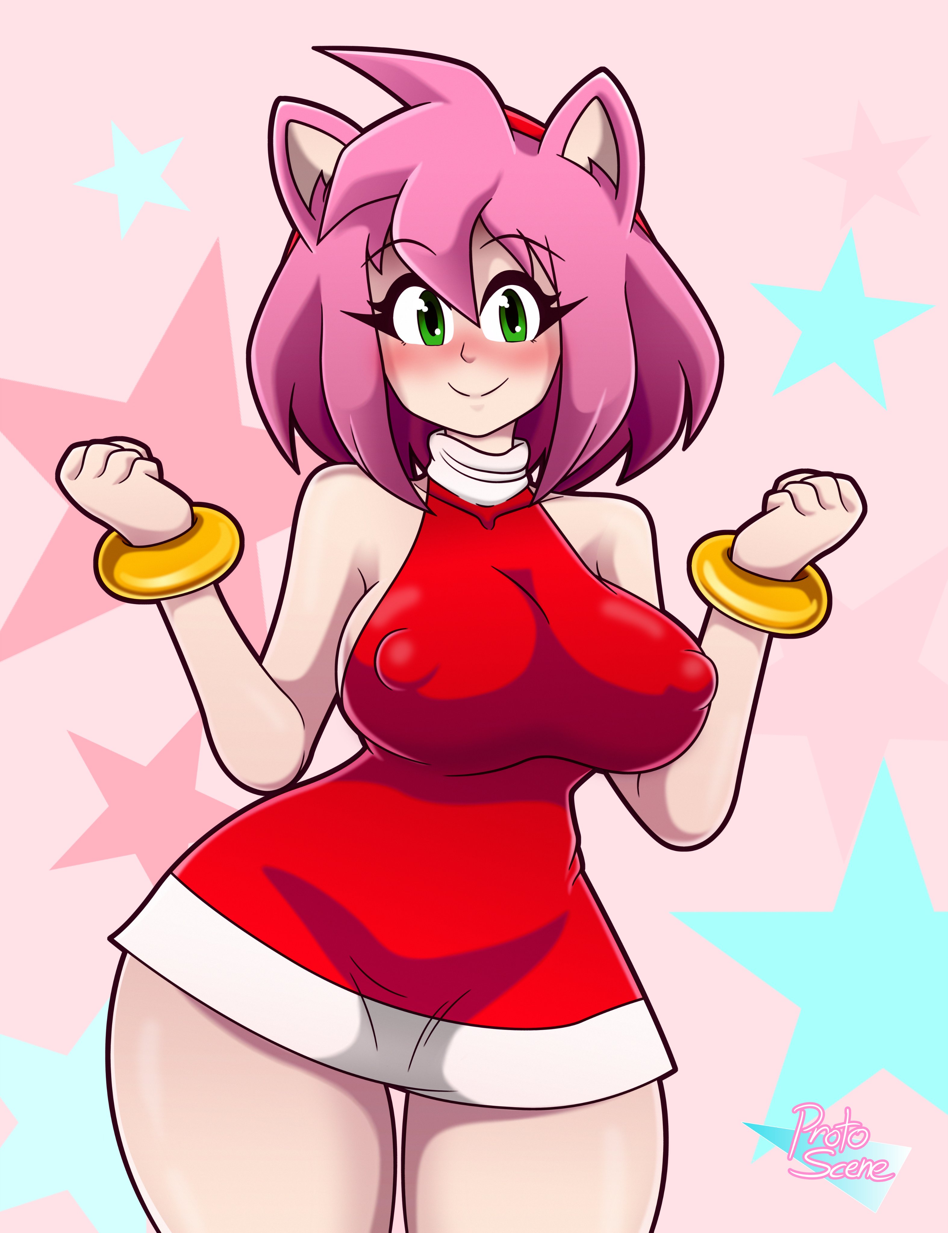 1girls, amy rose, animal ears, artist name, artist signature, blush, blushing, boobs, bracelet, breasts, dress, eyes, female, female focus, female only, green eyes, hair ornament, hairband, happy, huge breasts, human, human only, humanized, large breasts, light skin, light-skinned female, nipples, nipples visible through clothing, no bra, personification, pink background, pink hair, protoscene, red dress, sega, short hair, short pink hair, sideboob, simple background, smile, solo, solo focus, sonic (series), sonic the hedgehog (series), thick thighs, thin arms