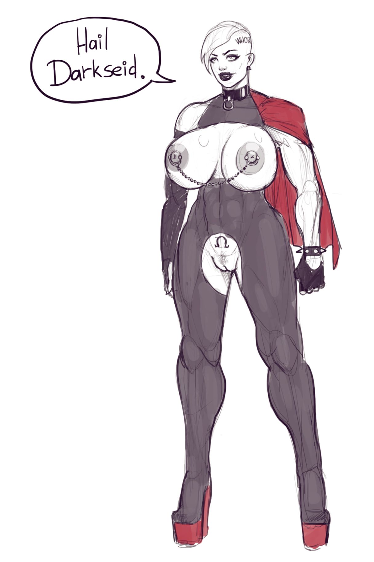 abs, areolae, asymmetrical hair, athletic, athletic female, biceps, big breasts, body writing, bodysuit, bracelet, branding mark, breast cutout, breasts, breasts out, busty, cape, cleavage, cleavage cutout, collar, corruption, dc, dc comics, devil hs, earrings, elbow gloves, female, female focus, female only, fingerless gloves, full body, gloves, high heels, hourglass figure, huge breasts, humiliating tattoo, kara zor-l, karen starr, large breasts, line art, monochrome, muscle tone, muscles, muscular, muscular female, nipple chain, nipple piercing, nipples, piercing, platform heels, power girl, pubes, pubic hair, pubic tattoo, pussy, pussy cutout, sketch, slave, slave collar, slave girl, solo, standing, superman (series), tattoo, toned, toned female, vagina, very high heels, wide hips