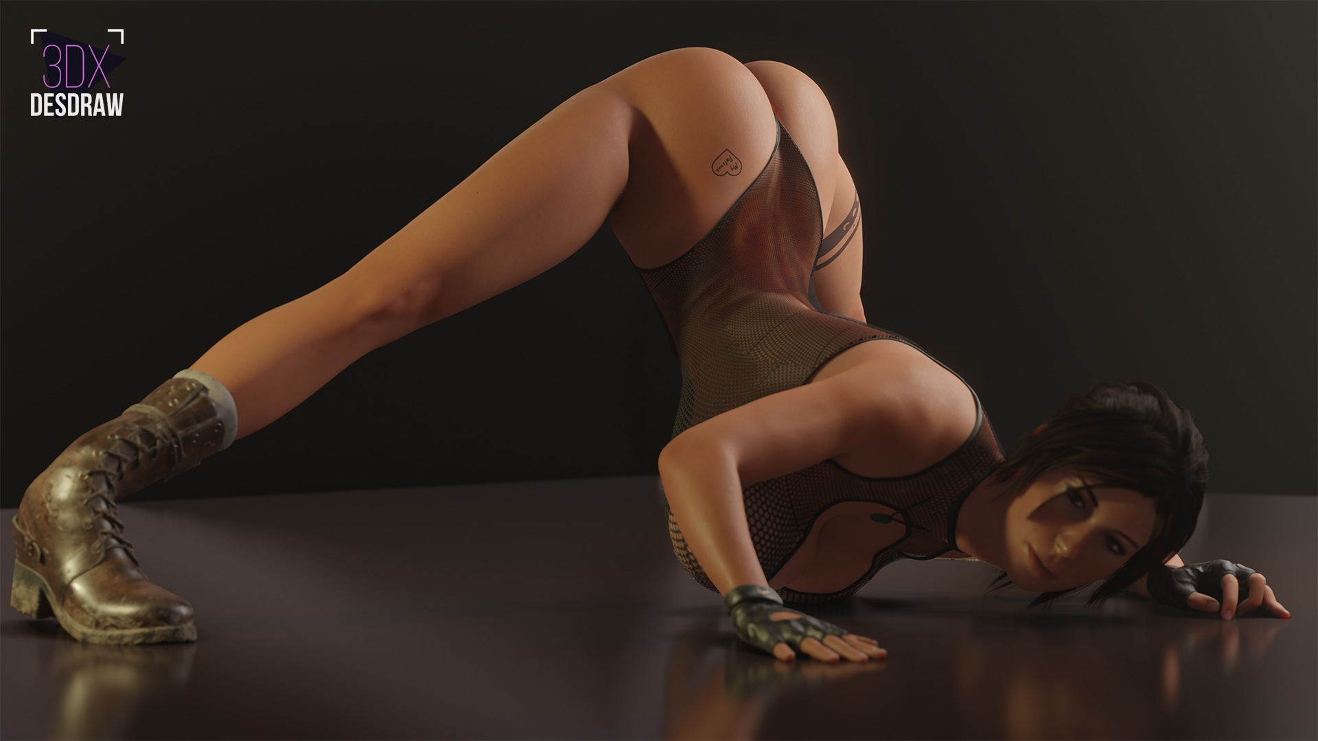 1girls, 2021, 3d, ass, ass tattoo, ass up, athletic, athletic female, breasts, brown hair, bubble ass, bubble butt, clothed, clothing, desdraw, fanart, female, female only, fingerless gloves, fishnet leotard, fishnets, flexible, gloves, hourglass figure, huge breasts, jack-o pose, lara croft, lara croft (survivor), leg tattoo, leotard, necklace, no bra, no panties, nopan, ponytail, pose, posing, slushe (website), solo, solo female, tattoo, tattoos, text tattoo, tomb raider, tomb raider (survivor), wide hips