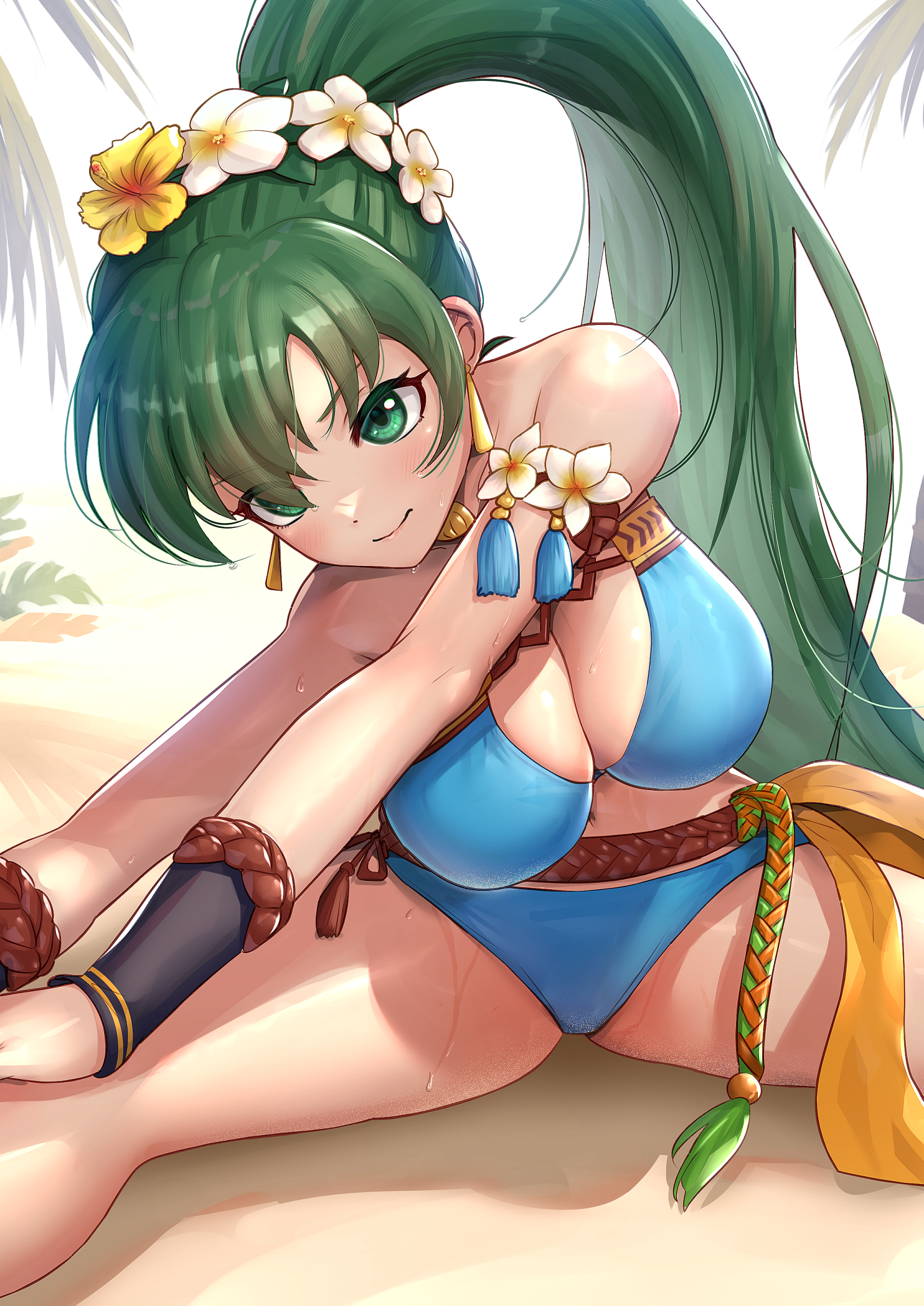 1girls, alternate costume, bare arms, bare legs, bikini, blue bikini, blue swimsuit, breasts, cleavage, female, fire emblem, fire emblem heroes, fire emblem: the blazing blade, flower, gonzarez, green eyes, green hair, hair flower, hair ornament, high ponytail, highres, large breasts, long hair, lyn (fire emblem), lyndis (fire emblem), nintendo, official alternate costume, ponytail, sand, solo, stretch, stretching, swimsuit, very long hair, wet