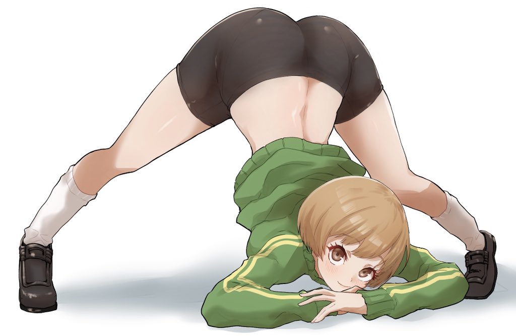 1girls ass ass_up big_ass bike_shorts brown_eyes brown_hair clothed clothing face_down_ass_up fit fit_female fully_clothed human jack-o_pose jacket kurosususu looking_at_another looking_at_viewer outerwear persona persona_4 rn satonaka_chie short_hair smile smiling smiling_at_viewer spats sportswear thick_thighs thighs tight_clothing tight_pants tomboy topwear track_jacket