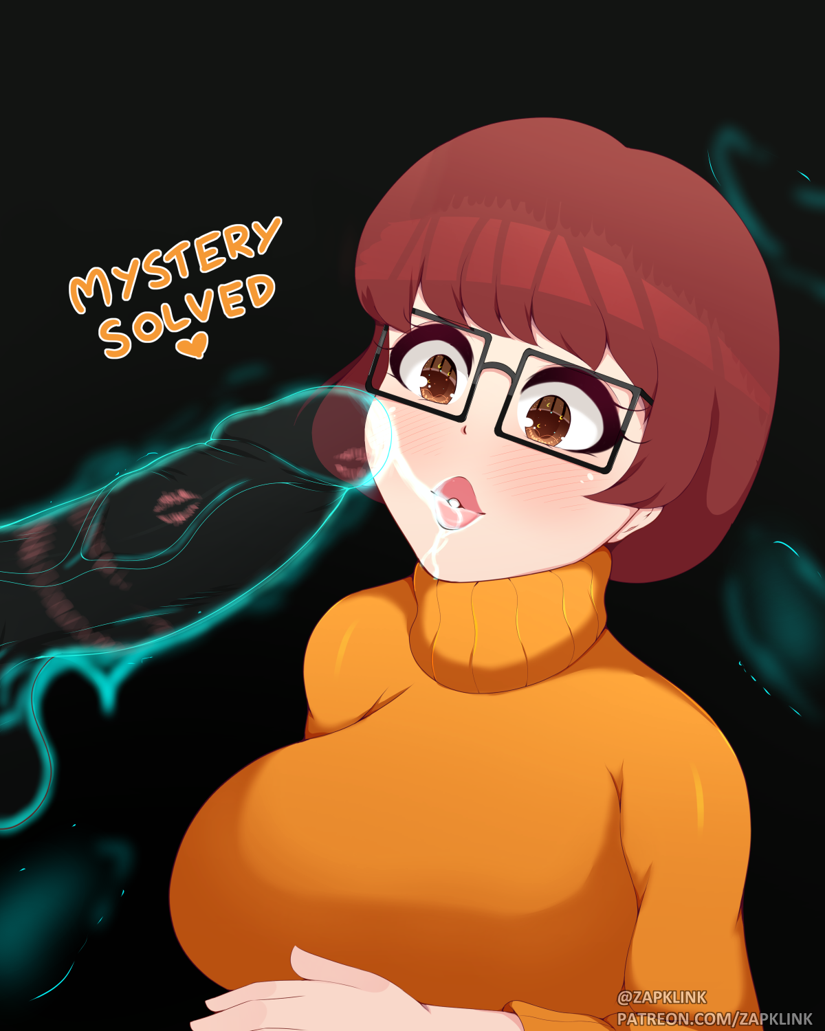1boy, 1girls, after deepthroat, after oral, balls, blowjob, blush, breasts, brown eyes, cum in mouth, cum in throat, cum on face, cum on lips, deepthroat mark, faceless male, fellatio, female, ghost, glasses, hanna-barbera, kiss mark, large breasts, lipstick, lipstick mark, lipstick on penis, looking at penis, male, oral, paizuiri (artist), penis, pink eyeshadow, pink lipstick, red hair, scooby-doo, straight, sweater, testicles, turtleneck, velma dinkley, watermark