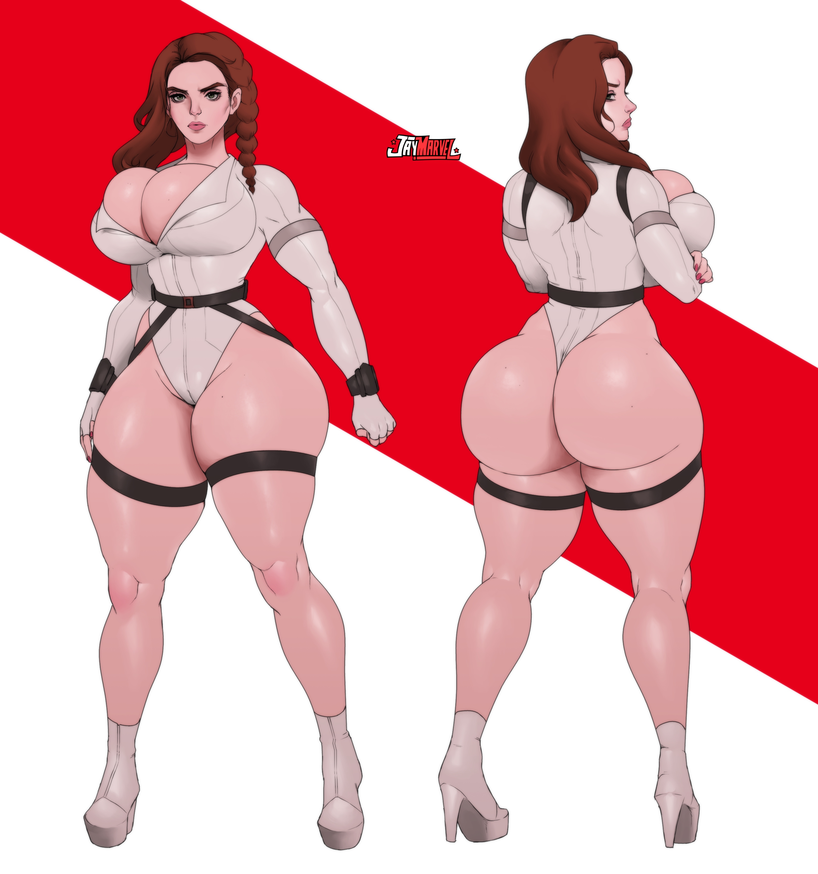 1girls, ass, avengers, big ass, big breasts, big butt, black widow (marvel), black widow (movie), breasts, bubble ass, bubble butt, favorite, female, female only, front and back, high heel boots, high heels, jay-marvel, large ass, marvel, marvel cinematic universe, marvel comics, natasha romanoff, platform heels, scarlett johansson, simple background, voluptuous
