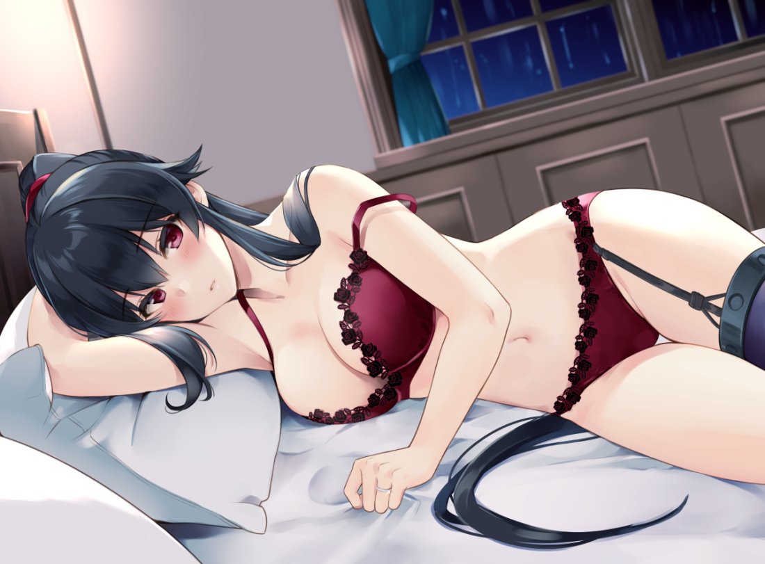 asymmetrical_legwear bangs bed black_hair blush bra breasts clavicle cleavage female ichinomiya_(blantte) indoors jewelry kantai_collection large_breasts lingerie long_hair looking_at_viewer lying navel off_shoulder on_bed on_side pantsu pillow ponytail red_bra red_eyes red_hair_ornament red_panties red_scrunchie red_underwear ring scrunchie sidelocks single_garter_strap single_thighhigh smile solo tagme thighhighs tied_hair underwear wedding_band wholesome yahagi_(kantai_collection)