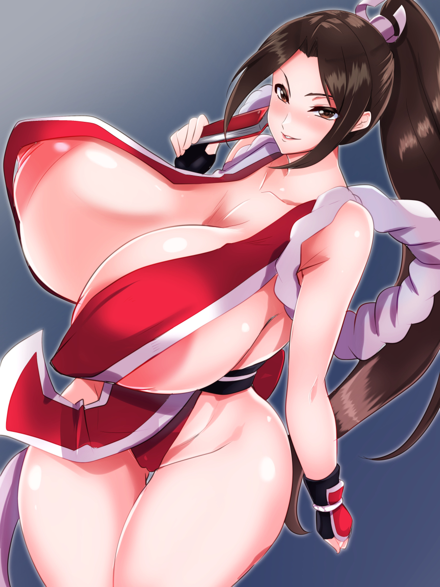 1girls, 2022, alternate breast size, areola slip, areolae, big breasts, blush, breasts, breasts bigger than head, cameltoe, fatal fury, female, female only, gigantic breasts, king of fighters, large breasts, light skin, light-skinned female, looking at viewer, mai shiranui, nipple slip, nipples, no bra, no panties, no underwear, pussy, sagging breasts, snk, thick thighs, wide hips