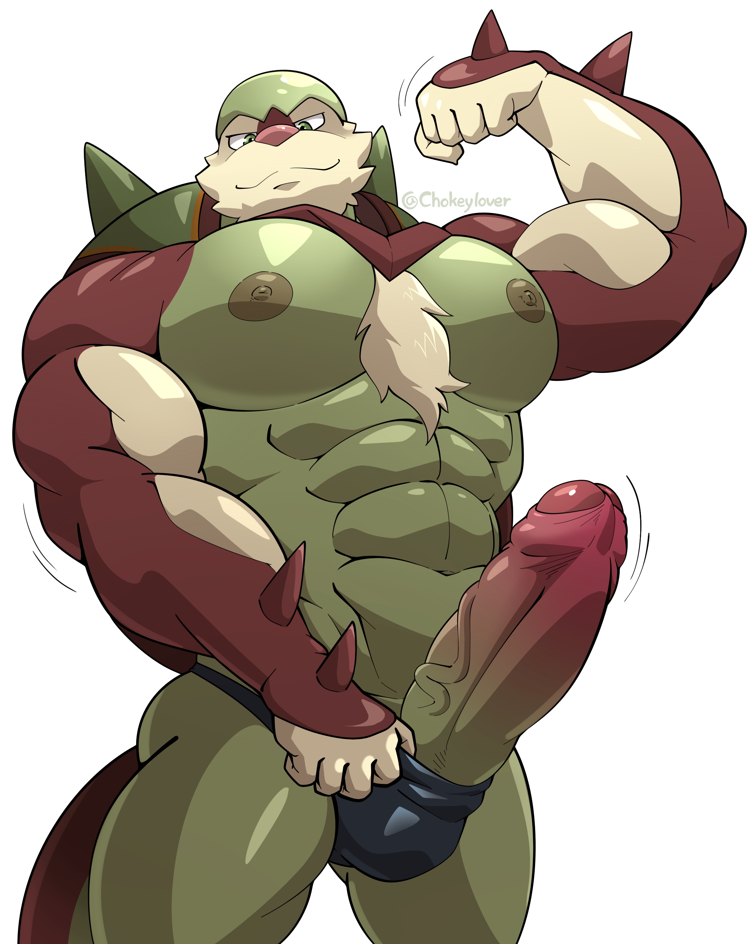 4:5, abs, absurd res, anthro, bara, big pecs, big penis, brown body, bulge, cain (draidiard), chesnaught, clothing, erection, flexing, genitals, green body, hi res, maldu, male, male only, muscular, muscular anthro, muscular male, nintendo, nipples, pecs, penis, pokémon (species), pokemon, pokemon (species), poking out, shell, shiny chesnaught, shiny pokemon, simple background, solo, speedo, spiked shell, spikes, spikes (anatomy), swimwear, video games, white background, yaoi