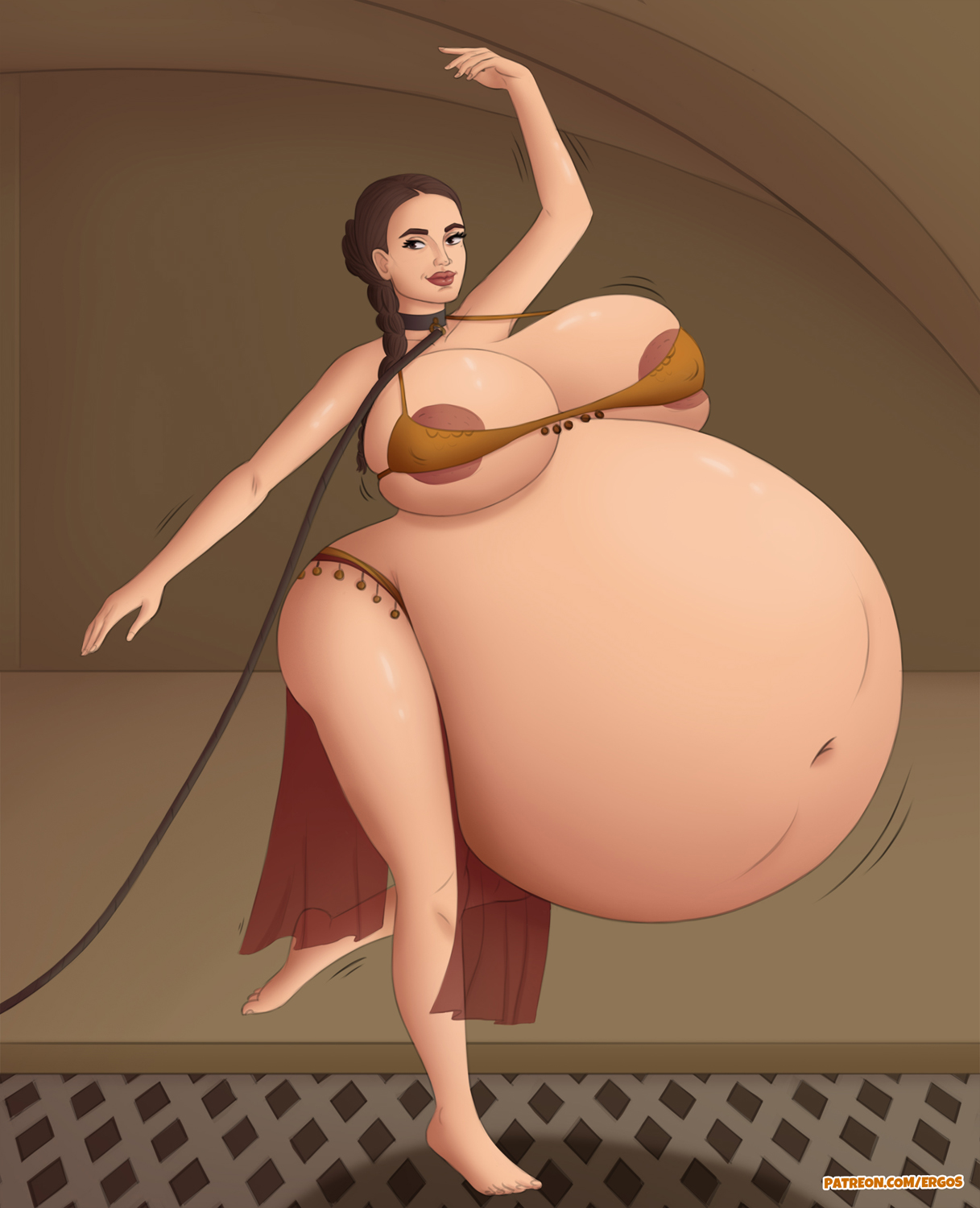 1girls, areola slip, areolae, belly, big belly, bikini, brown eyes, brown hair, collar, dancing, ergos, female, female only, huge belly, hyper pregnancy, leash, natalie portman, nipples, oral vore, padme amidala, pregnant, same size vore, skimpy, slave, slave girl, slave leia (cosplay), solo, solo female, star wars, vore