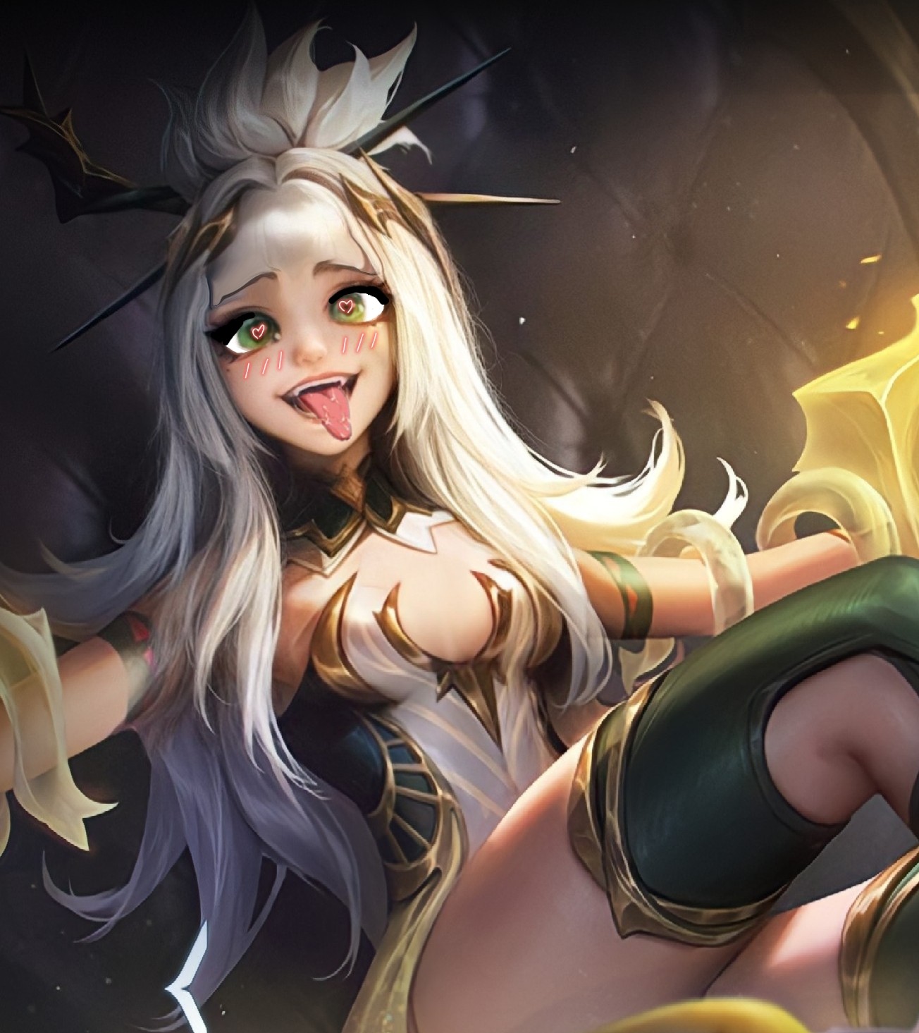 aoi (arena of valor), arena of valor, edited official artwork, green legwear, grey hair, heart-shaped pupils, tagme, tongue, tongue out