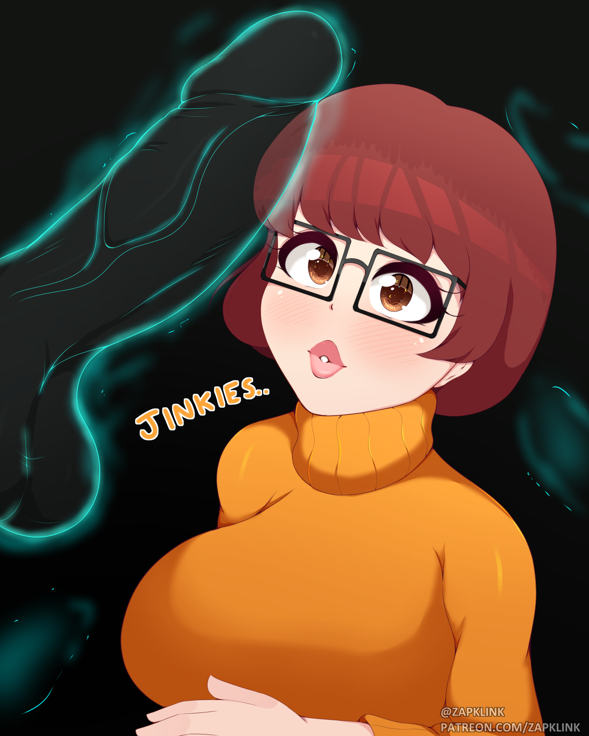 balls, blush, breasts, brown eyes, faceless male, female, ghost, glasses, hanna-barbera, imminent deepthroat, imminent oral, large breasts, looking at penis, male, oral, paizuiri (artist), penis, penis awe, red hair, scooby-doo, sweater, testicles, turtleneck, velma dinkley, watermark