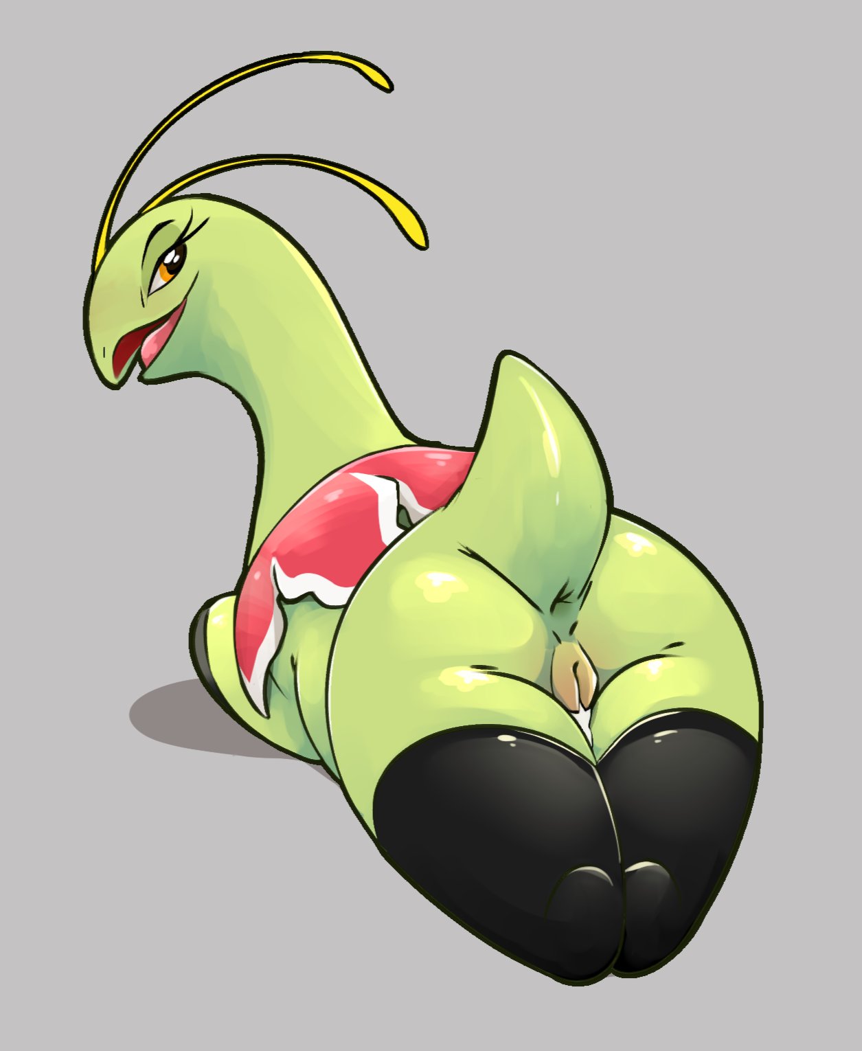 clothing digital_media_(artwork) elemental_creature eyelashes female feral flora_fauna genitals hi_res honeymono latex_clothing leggings legwear looking_at_viewer meganium nintendo plant pokémon_(species) pokemon pussy reptile scalie simple_background smile solo sploot tongue video_games