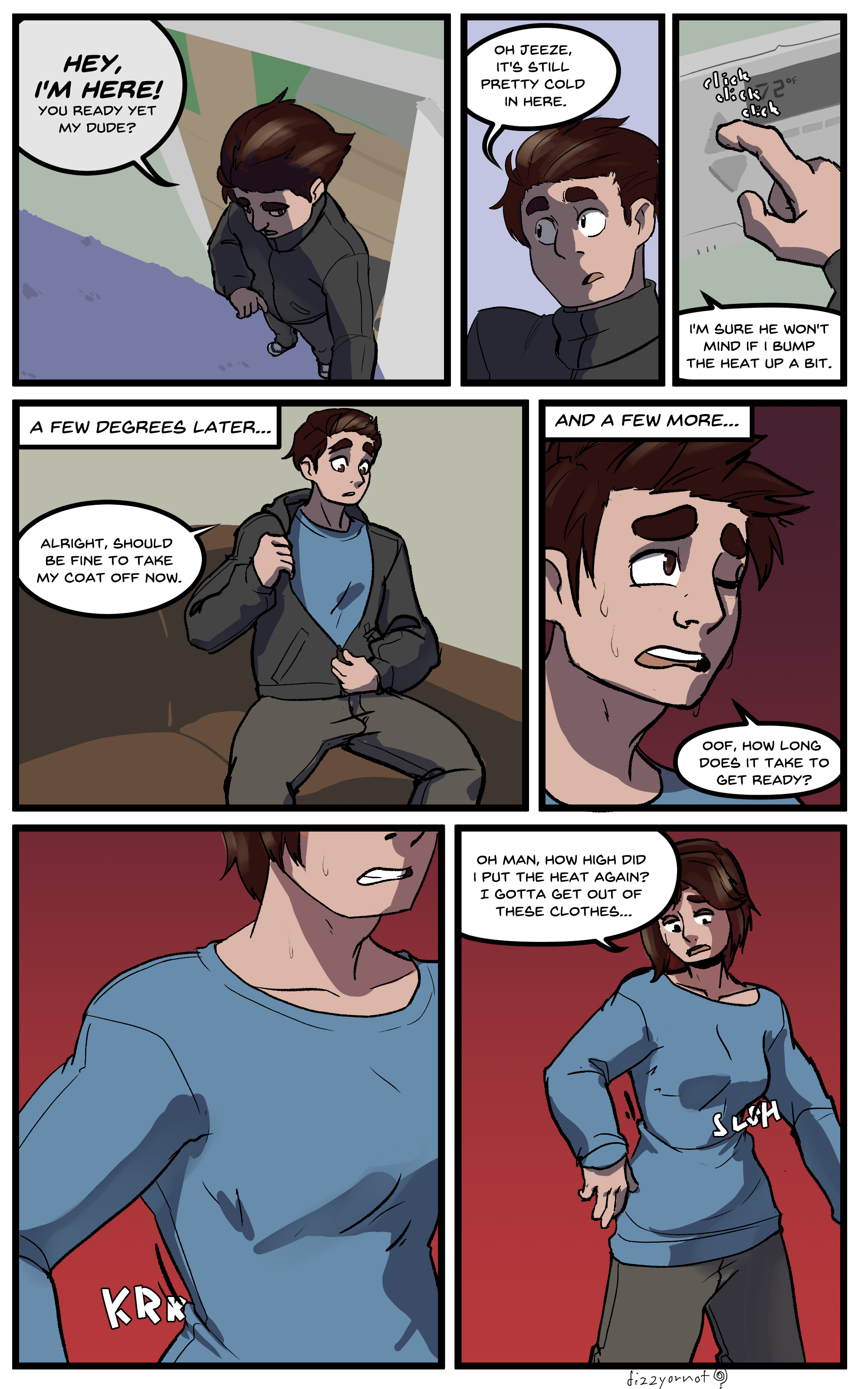 breast expansion, breast growth, breast growth (enlargement), breasts, brown hair, comic, dizzyornot (artist), female, gender transformation, genderswap, mtf transformation, rule 63, solo, transformation, undressing