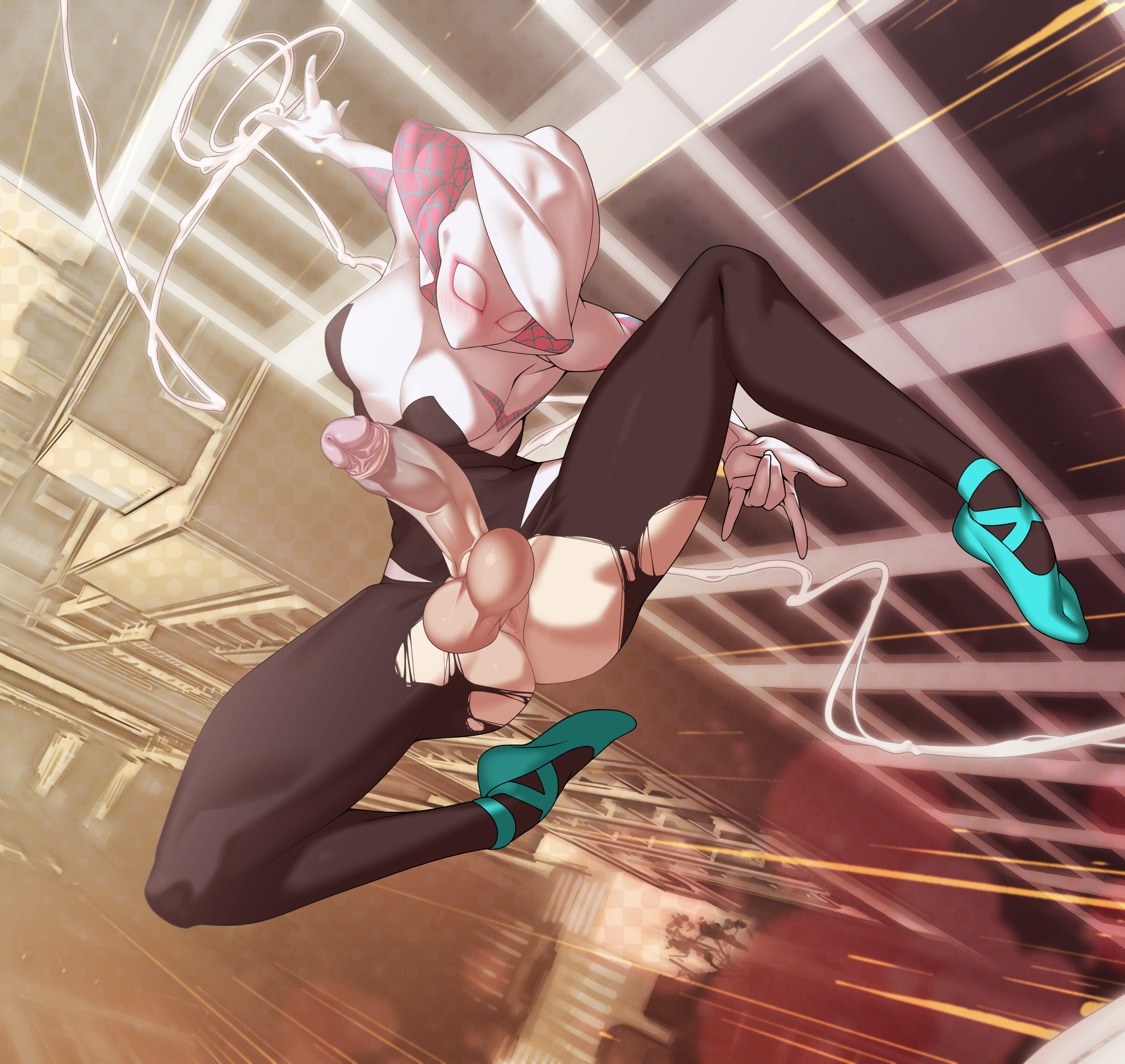 1futa, balls, big balls, big penis, blush, bodysuit, breasts, city, clothed, clothing, costume, crotchless, detailed background, erection, futa only, futanari, gwen stacy, high-angle view, hood, hoodie, huge cock, human, intersex, light skin, light-skinned futa, marvel, marvel comics, mask, pale skin, penis, penis out, pose, solo, spider-gwen, spider-man (series), spider-man: into the spider-verse, spread legs, tomoyuki kotani, torn clothes, torn pantyhose