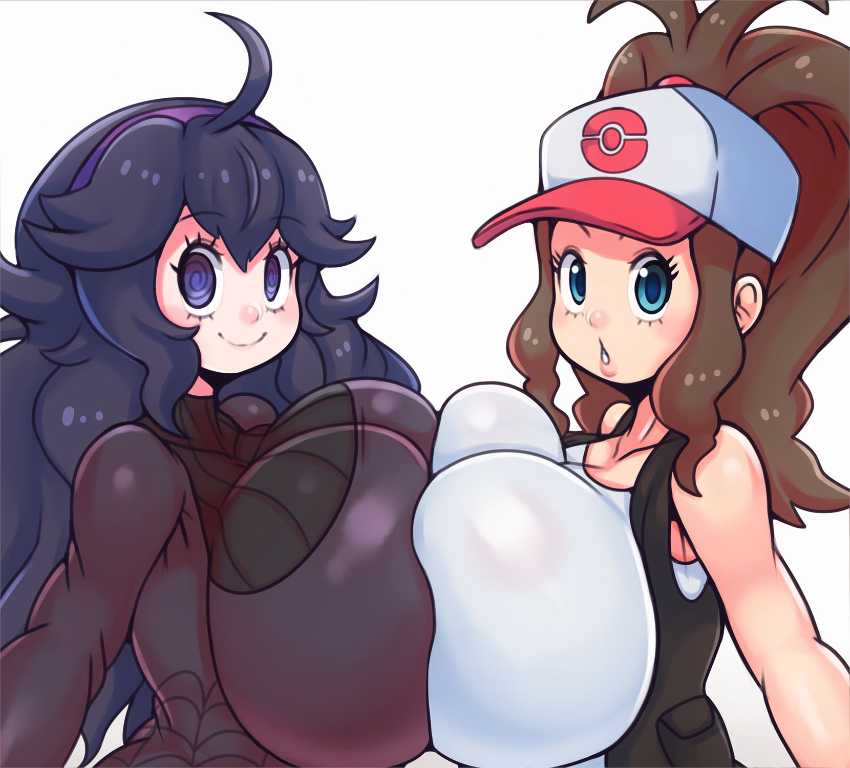 2girls, alternate breast size, breast squish, breasts, female, female only, hex maniac, hilda (pokemon), huge breasts, looking at viewer, matospectoru, multiple females, multiple girls, nintendo, pokemon, pokemon bw, pokemon xy