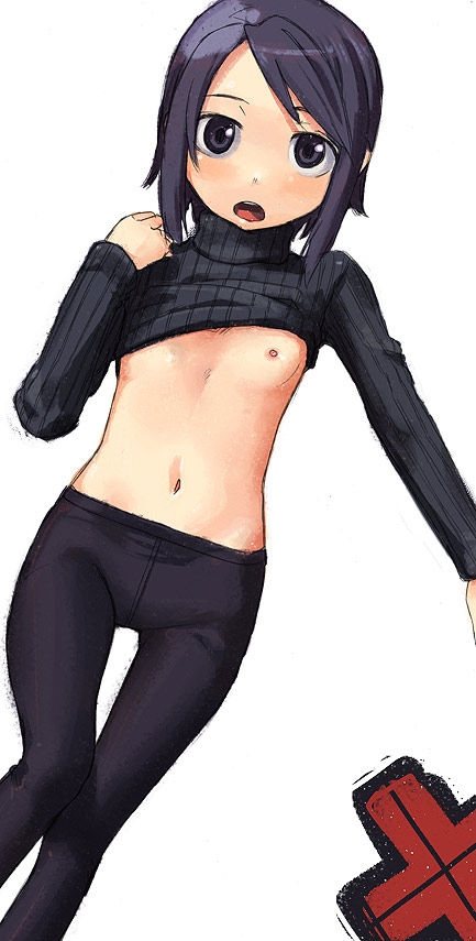 black_hair black_pants blush female flat_chest grey_eyes nanatsu_no_miya no_bra open_mouth short_hair solo summon_night summon_night_2 sweater sweater_lift toris