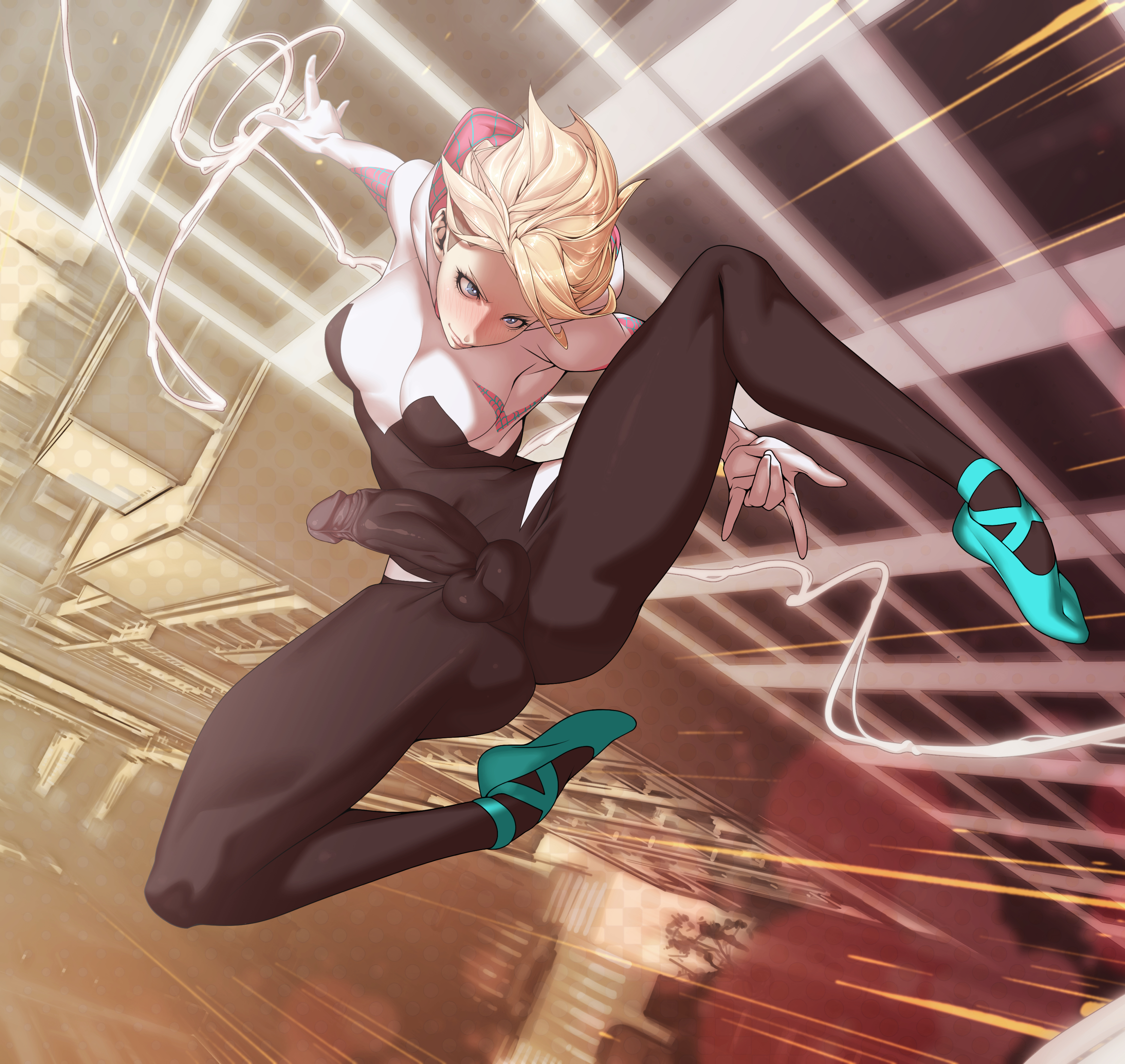 1futa, balls, big penis, blonde hair, bodysuit, breasts, casual, city, clothed, clothing, costume, detailed background, erection, fully clothed, futa only, futanari, genitalwear, gwen stacy, high-angle view, hood, hoodie, human, intersex, light skin, light-skinned futa, marvel, marvel comics, pale skin, penis, pose, public, short hair, solo, spider-gwen, spider-man (series), spider-man: into the spider-verse, spread legs, tomoyuki kotani