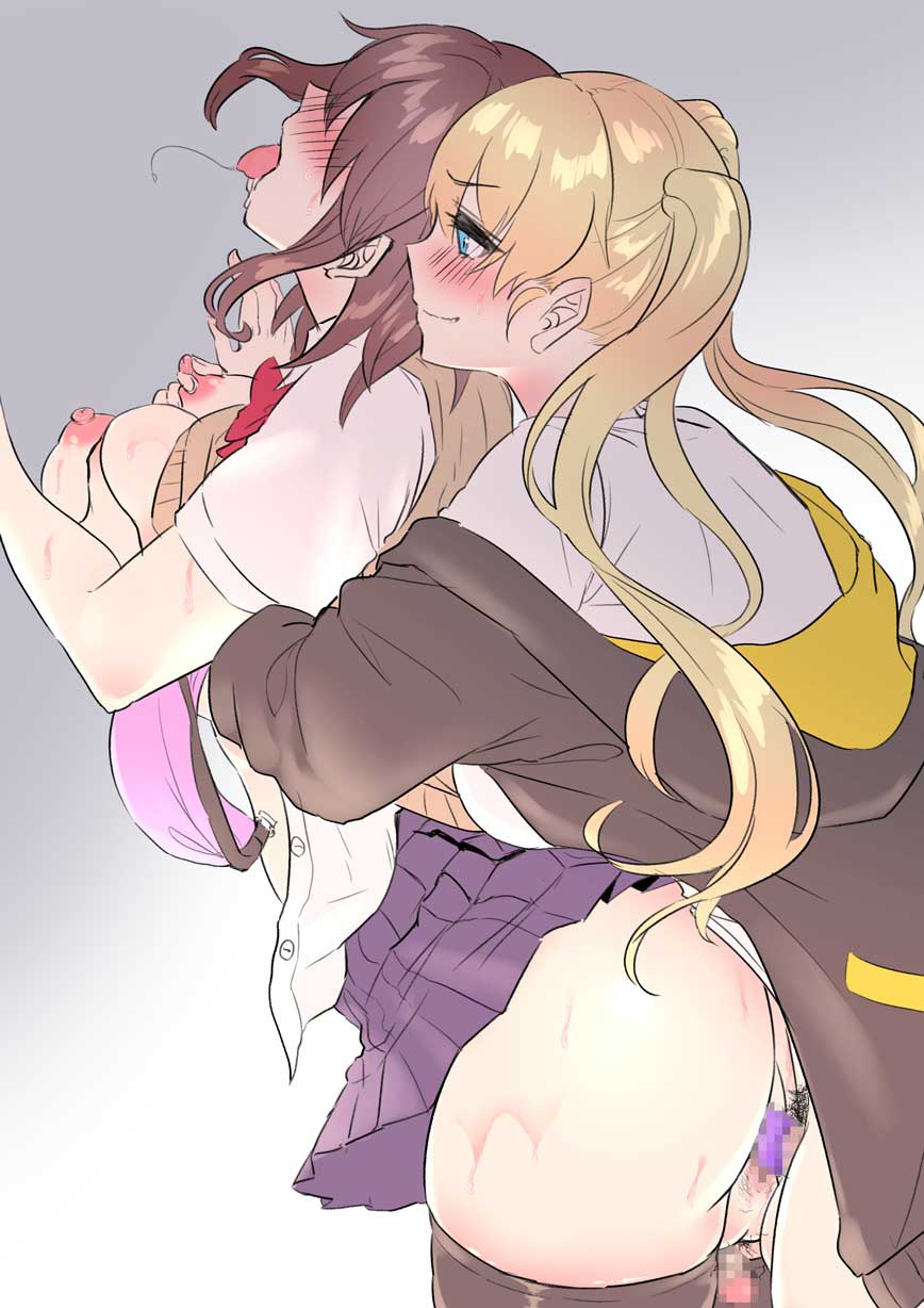 2futas, ass, blonde hair, blue eyes, blush, bra, breast grab, breasts, breasts out, brown hair, coat, condom, condom on penis, full-package futa, futa on futa, futanari, hair over eyes, inarimochi, intersex, penis, penis in pussy, pussy, sibuki rei, skirt, soda karin, tagme, thighhighs, vaginal penetration