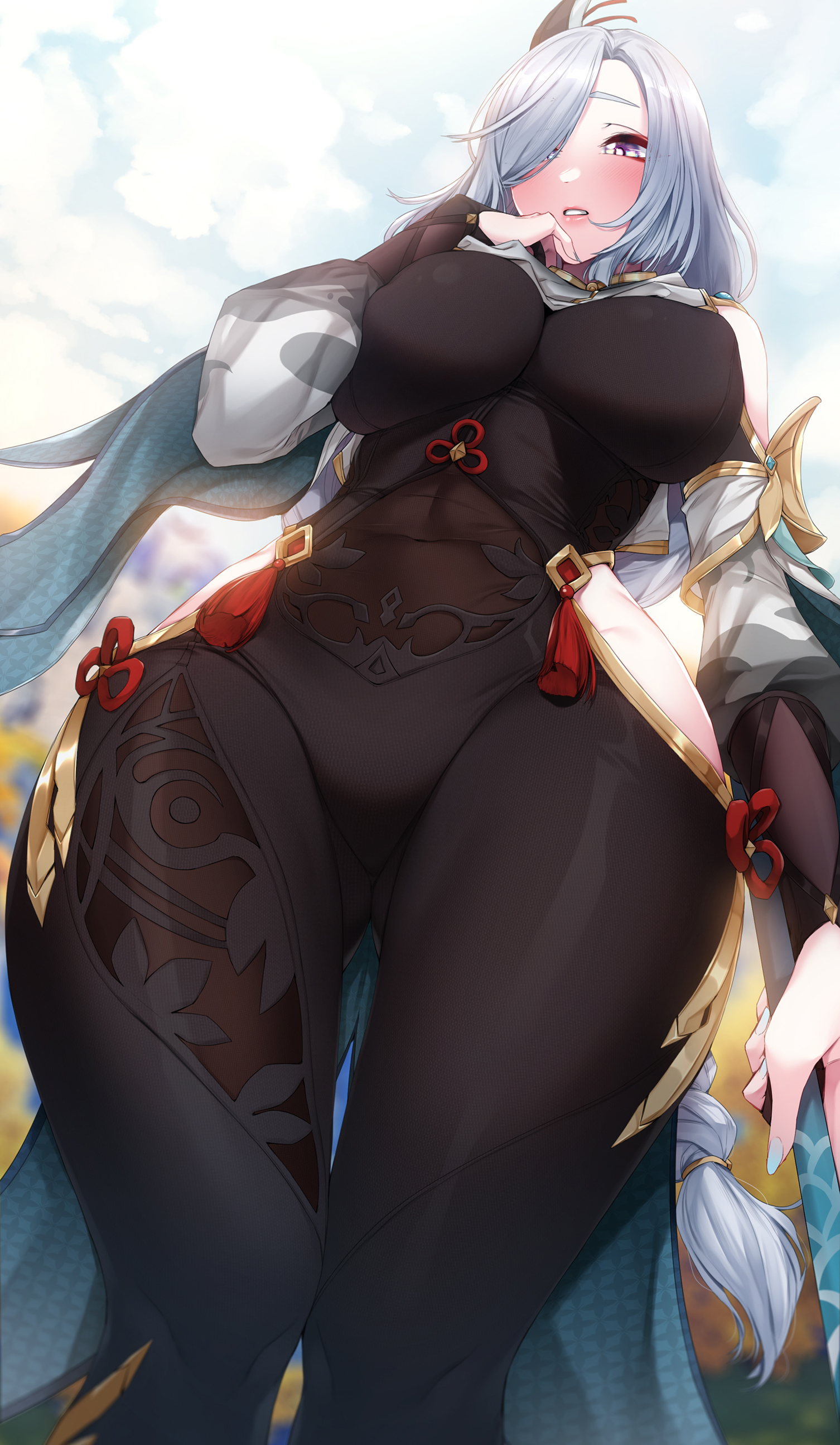 1girls, abs, absurd res, akchu, ass, ass visible through thighs, belly button, big breasts, blue eyes, blush, bodysuit, breast press, breast squeeze, breast squish, breasts, clothed, clothing, cloud, clouds, cloudy sky, female, genshin impact, hair ornament, hair over one eye, hi res, highres, hips, huge breasts, large breasts, looking at viewer, looking down, nipple bulge, purple eyes, see-through, see-through clothing, shenhe (genshin impact), sky, small waist, solo, thick thighs, thigh gap, thighs, underboob, viewed from below, waist, weapon, white hair, wide hips