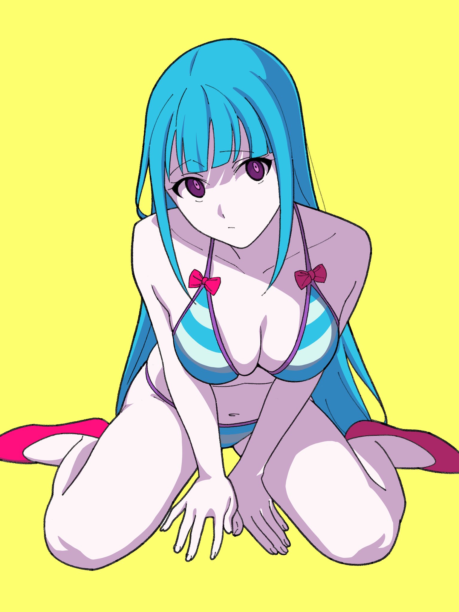 bikini, blue hair, hitomi kashiwa (artist), long hair, me!me!me!, meme (me!me!me!), pink shoes, purple eyes, underwear, yellow background