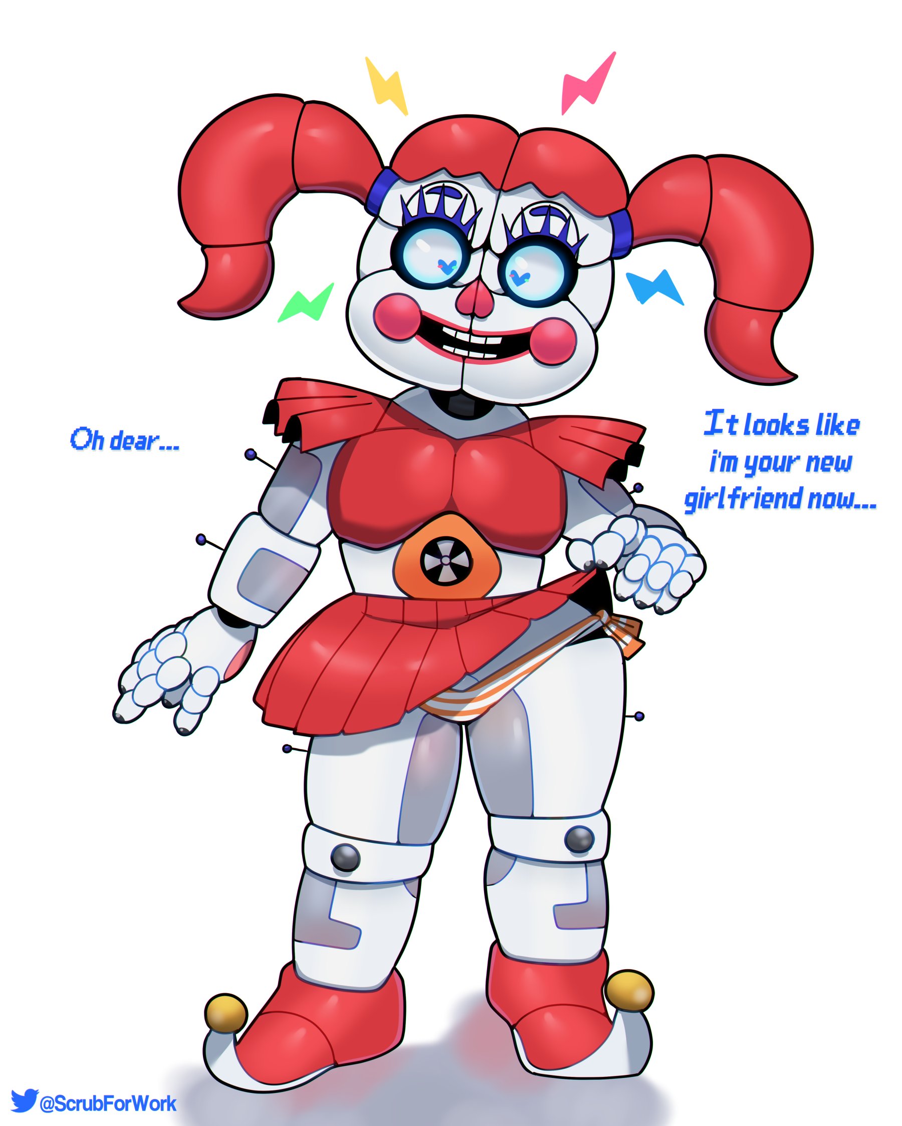 1girls, 2d, animatronic, baby (fnafsl), canon appearance, circus baby, circus baby (fnaf), circus baby (original), dialogue, english text, female, female only, five nights at freddy's, five nights at freddy's: sister location, fnaf, full color, fully clothed, humanoid, no penetration, panties, robot, robot girl, solo, solo female, somescrub, text, thick thighs, twitter username, underwear