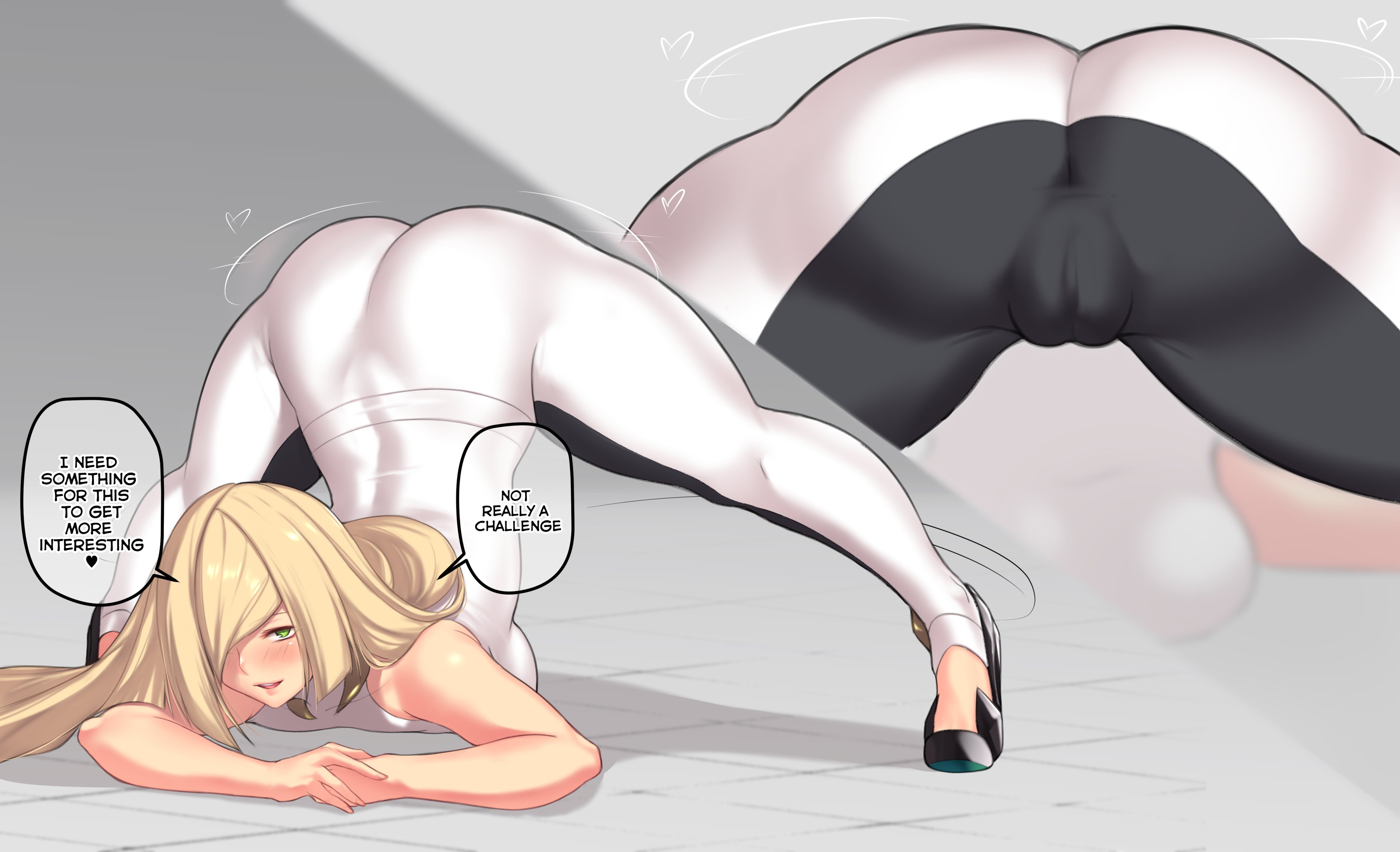 1girls, ass, aster crowley, blonde hair, english text, female, gym clothes, jack-o pose, long hair, lusamine (pokemon), nintendo, pokemon, pokemon sm, solo