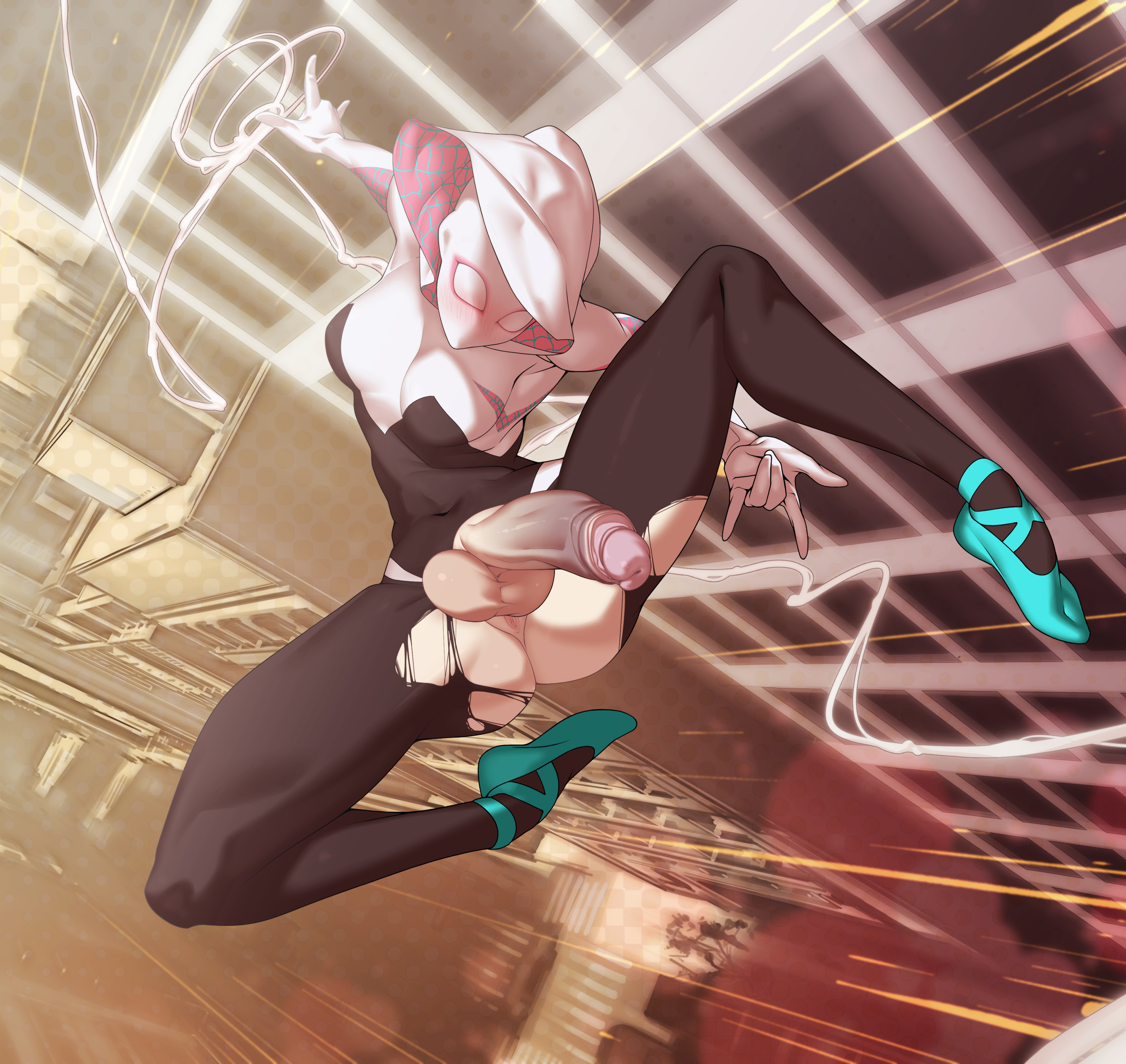 1futa, balls, big balls, big penis, blush, bodysuit, breasts, city, clothed, clothing, costume, crotchless, detailed background, erect penis, erection, futa only, futanari, gwen stacy, high-angle view, hood, hoodie, human, intersex, light skin, light-skinned futa, marvel, marvel comics, mask, pale skin, penis, penis out, pose, solo, spider-gwen, spider-man (series), spider-man: into the spider-verse, spread legs, tomoyuki kotani, torn clothes, torn pantyhose