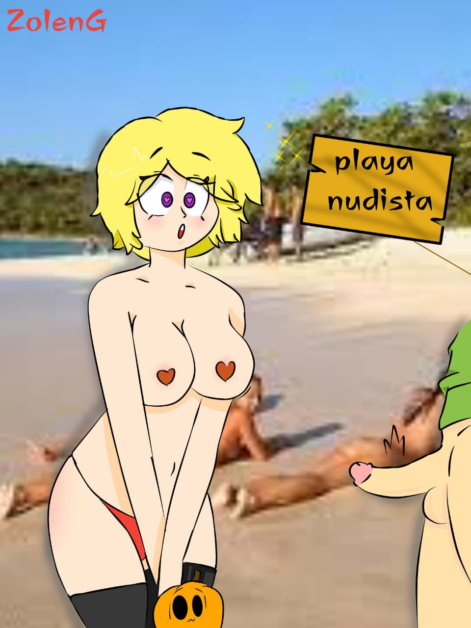 ann_chica_(fnafhs) blonde_hair chica_(fnafhs) fhs fhsz3r0 flashing_penis fnafhs fnafhs_z3ro heart-shaped_pupils heart_nipples nude_beach red_thong spanish_text surprised violet_eyes