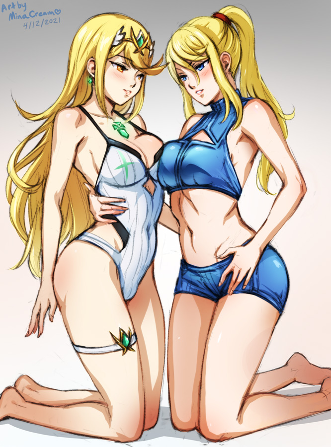 2girls, arm around waist, asymmetrical docking, bare legs, bare midriff, blonde hair, blonde ponytail, blue eyes, breast press, breasts, cleavage, earrings, female, kneeling, long blonde hair, long hair, medium breasts, metroid, minacream, multiple females, multiple girls, mythra, nintendo, one-piece swimsuit, ponytail, samus aran, smile, super smash bros., swimsuit, white swimsuit, xenoblade (series), xenoblade chronicles 2, yellow eyes, yuri