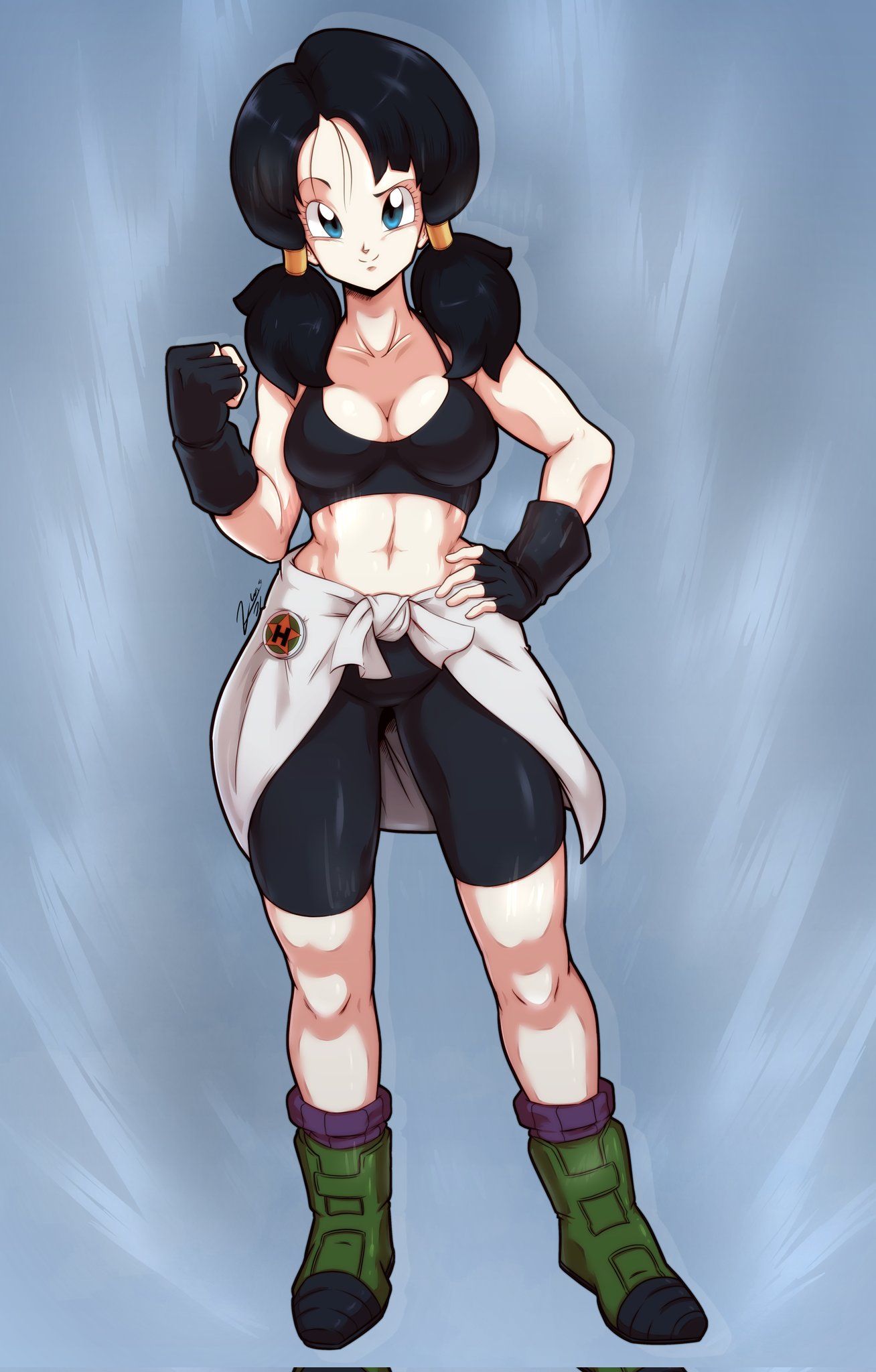 1girls, black hair, blue eyes, dragon ball, dragon ball z, female, female only, fit, fit female, fully clothed, long hair, solo, solo female, solo focus, twintails, videl