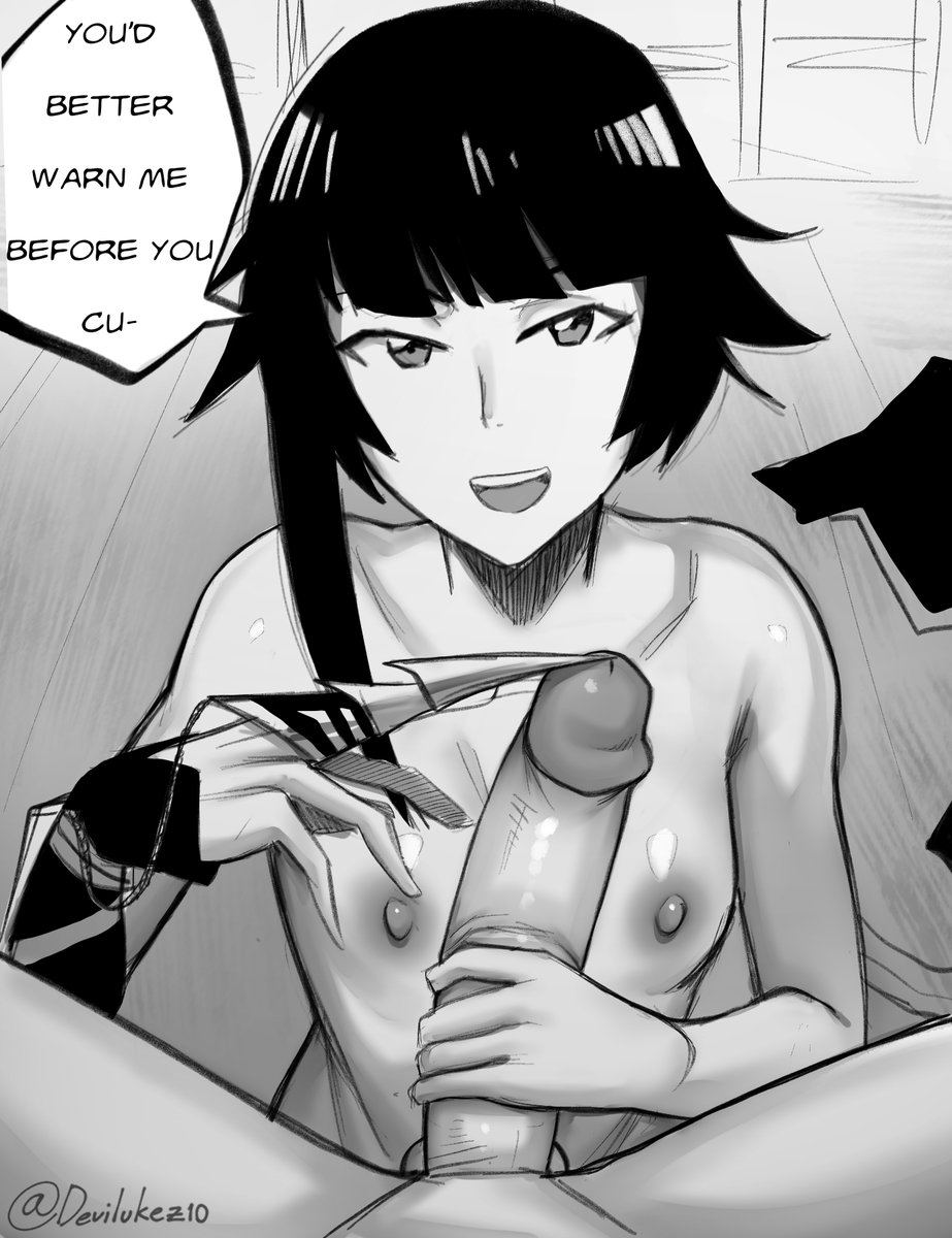 1boy, 1girls, areola, balls, black hair, bleach, devilukez, female, glans, greyscale, handjob, hetero, light skin, light-skinned male, male, monochrome, nipples, penis, pov, pov eye contact, soifon, straight, sui-feng, unseen male face
